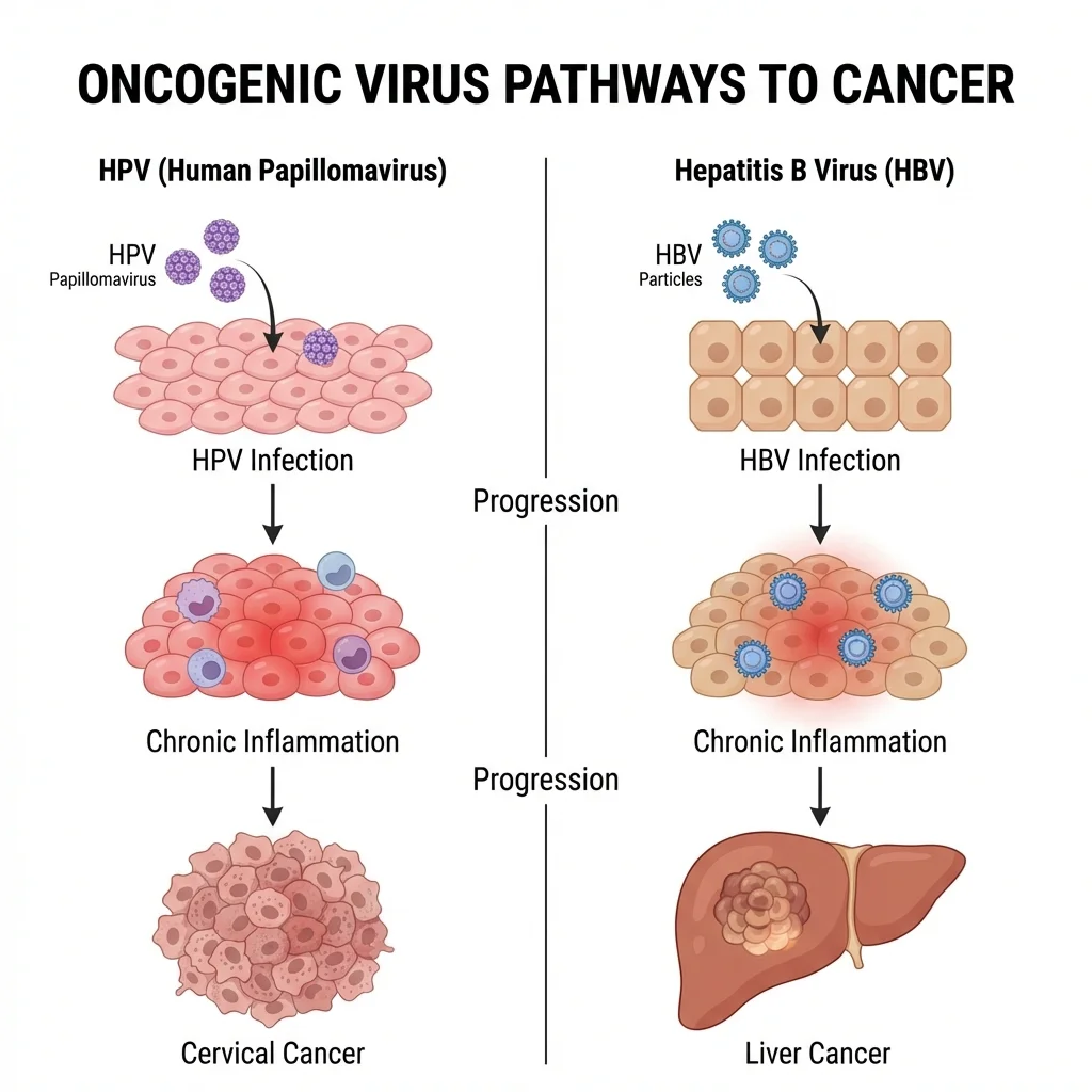 Medical infographic showing how HPV infects cervical cells and Hepatitis B infects liver cells, with arrows indicating progression from infection to cancer