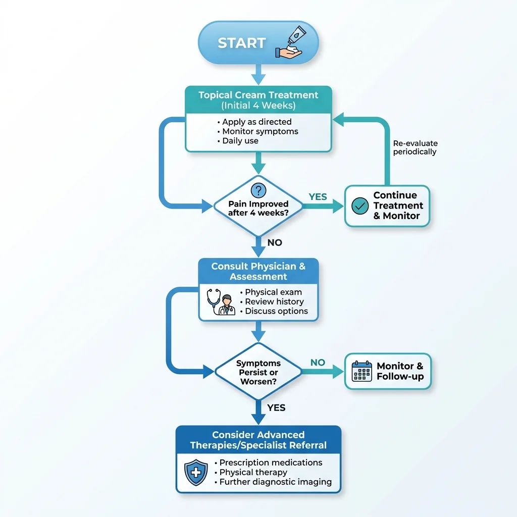 Decision flowchart showing when to move from topical treatments to medical consultation for chronic back pain