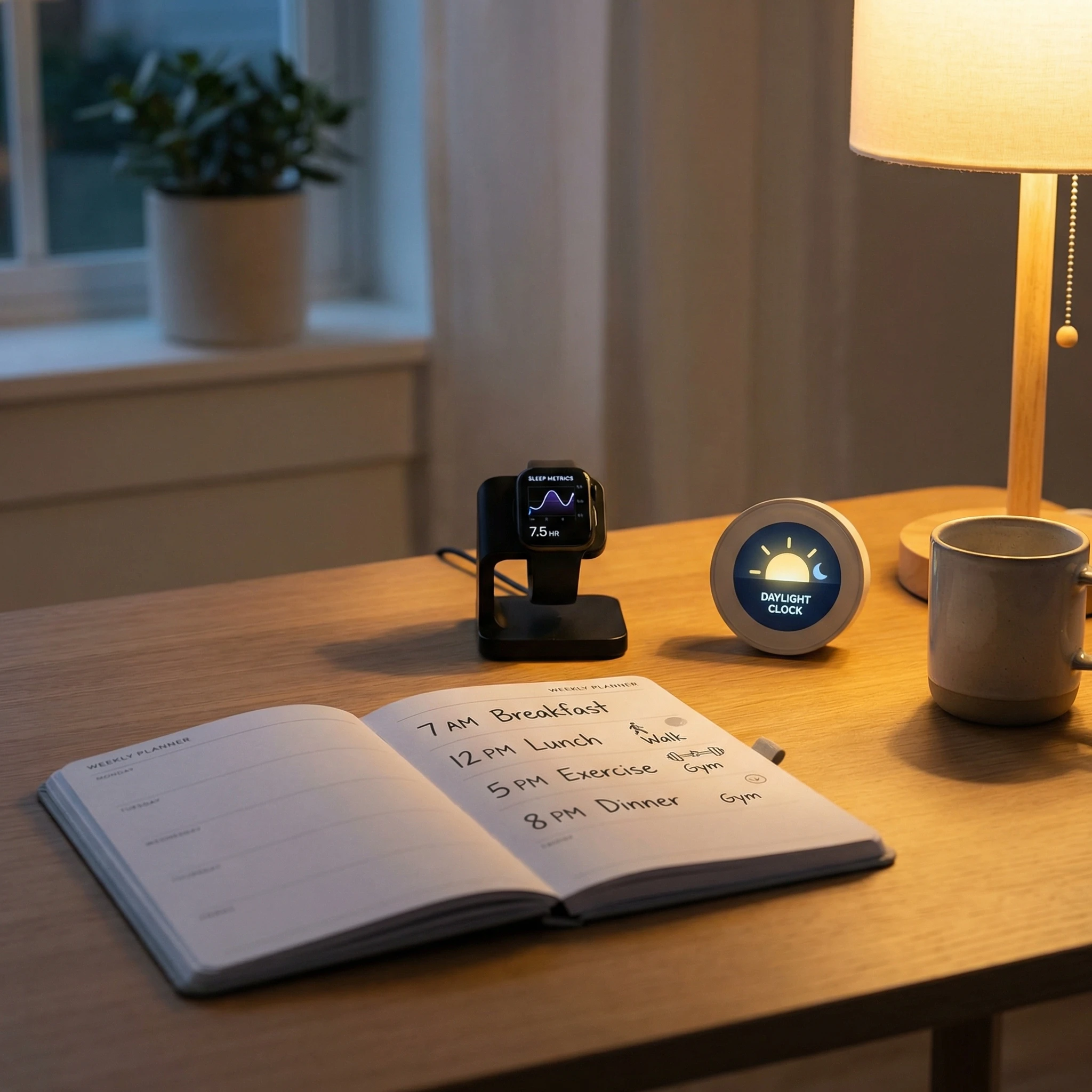 Weekly circadian planning desk with smartwatch sleep metrics, meal timing schedule, and exercise blocks