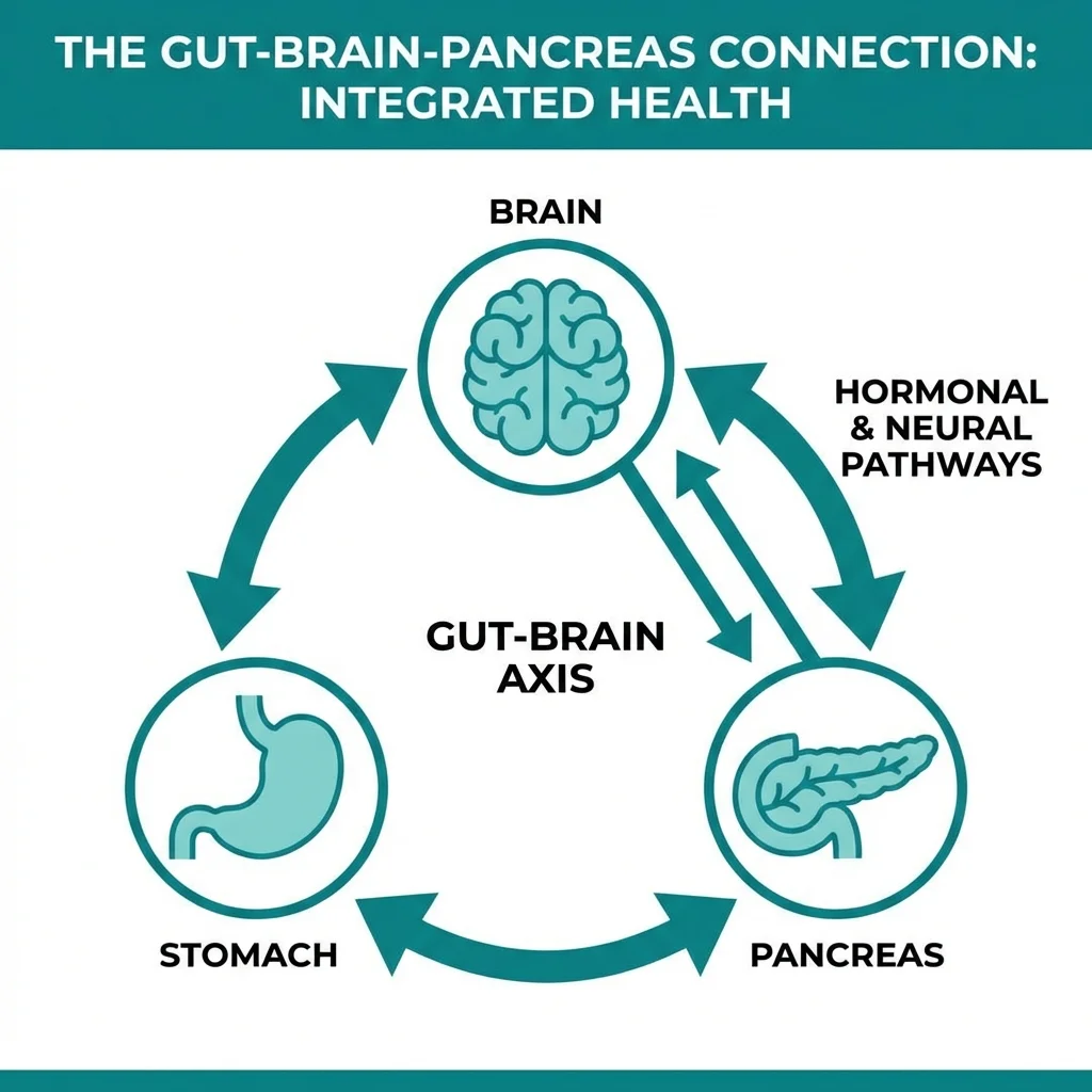 Diagram showing how GLP-1 drugs affect the brain, pancreas, and stomach simultaneously