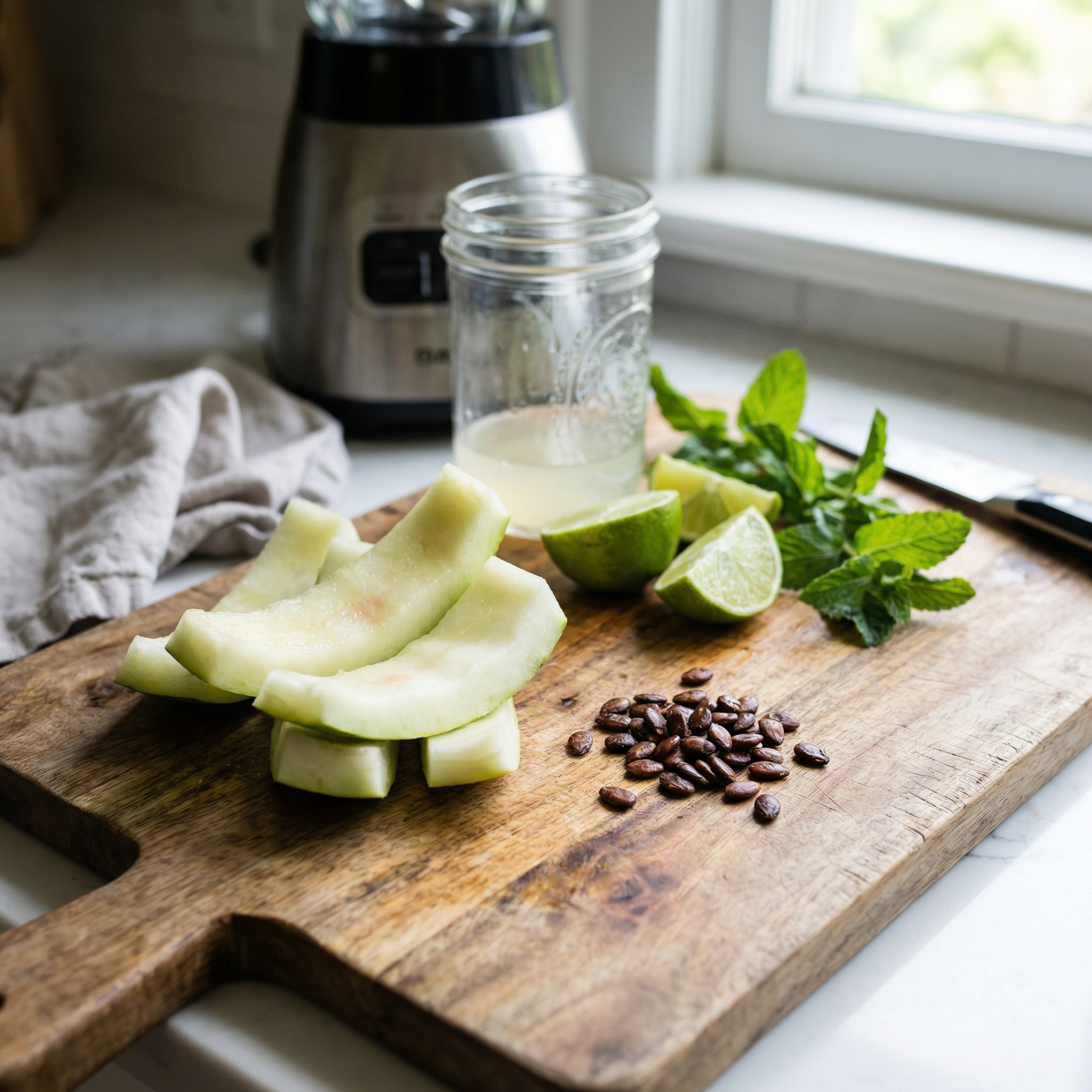 Watermelon rind and seeds arranged with lime and mint for practical kitchen reuse and whole-fruit planning.