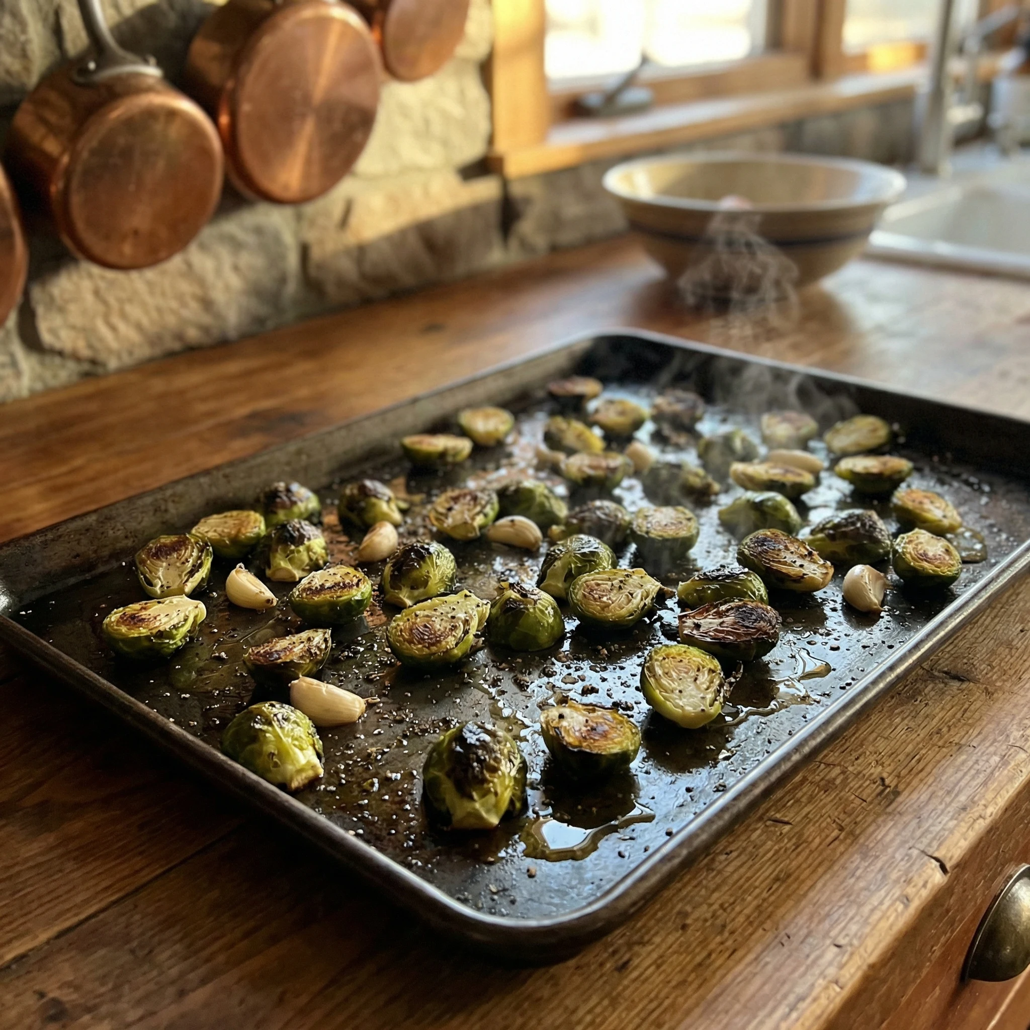 Sheet pan of roasted Brussels sprouts with garlic and pepper showing browned edges and steam