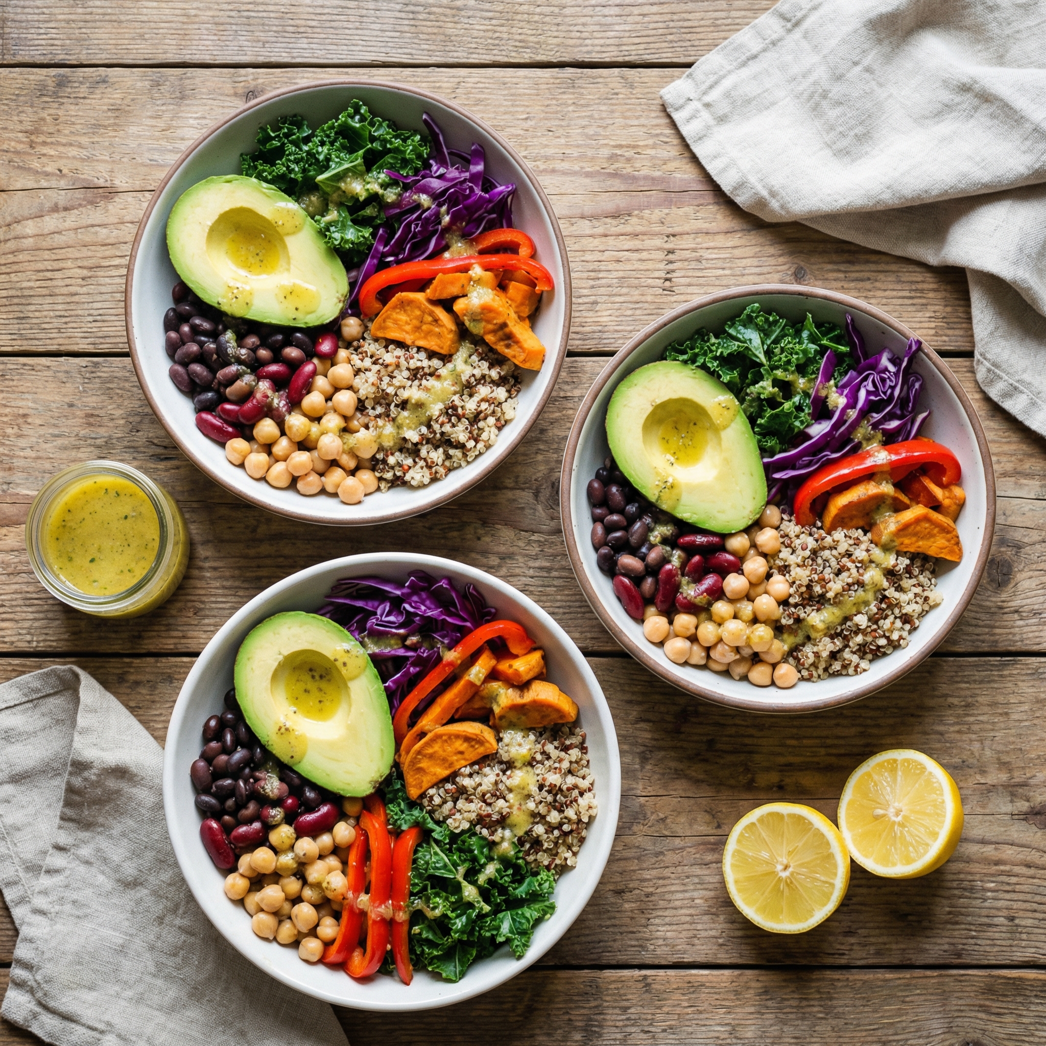 Balanced grain-and-bean bowls topped with avocado slices, colorful vegetables, and citrus dressing.