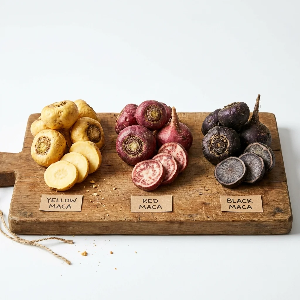 Three varieties of maca root displayed side by side showing yellow, red, and black phenotypes with labels