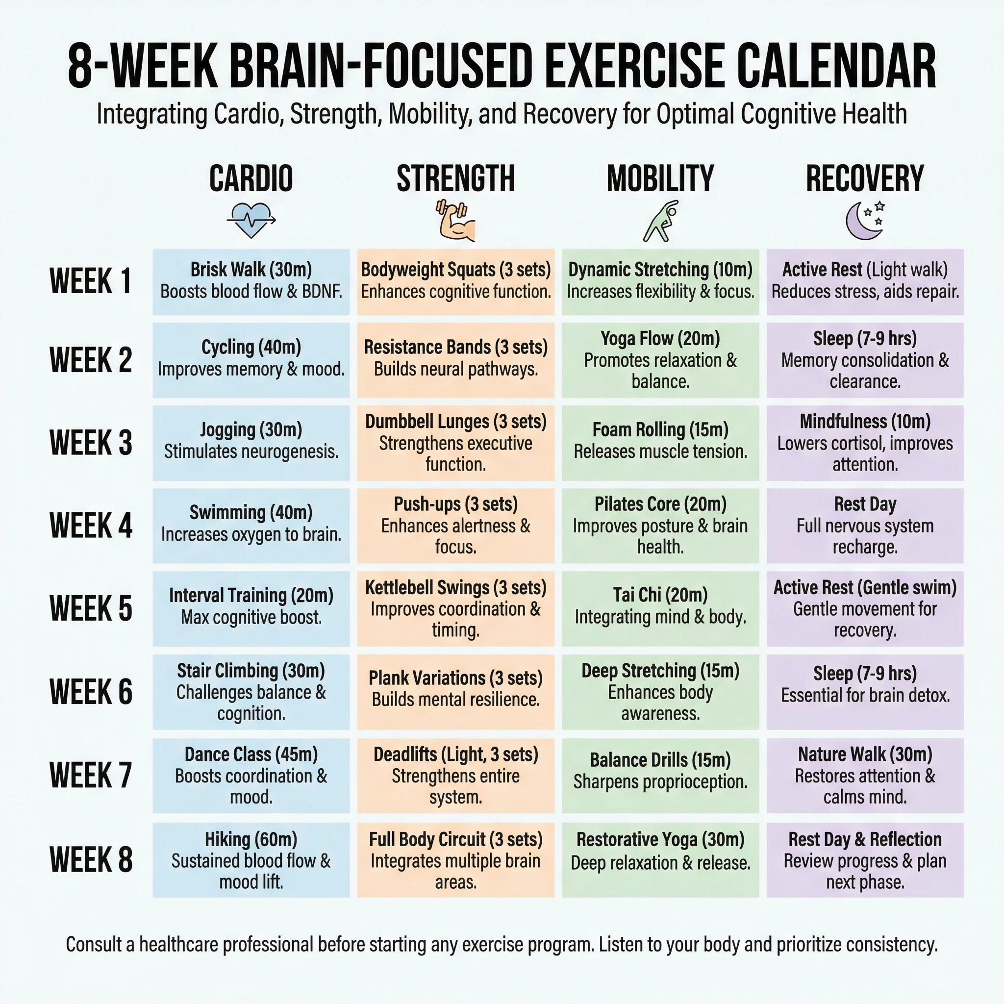 Weekly planner style image showing alternating aerobic, strength, balance, and recovery sessions for an 8-week brain-focused exercise progression.