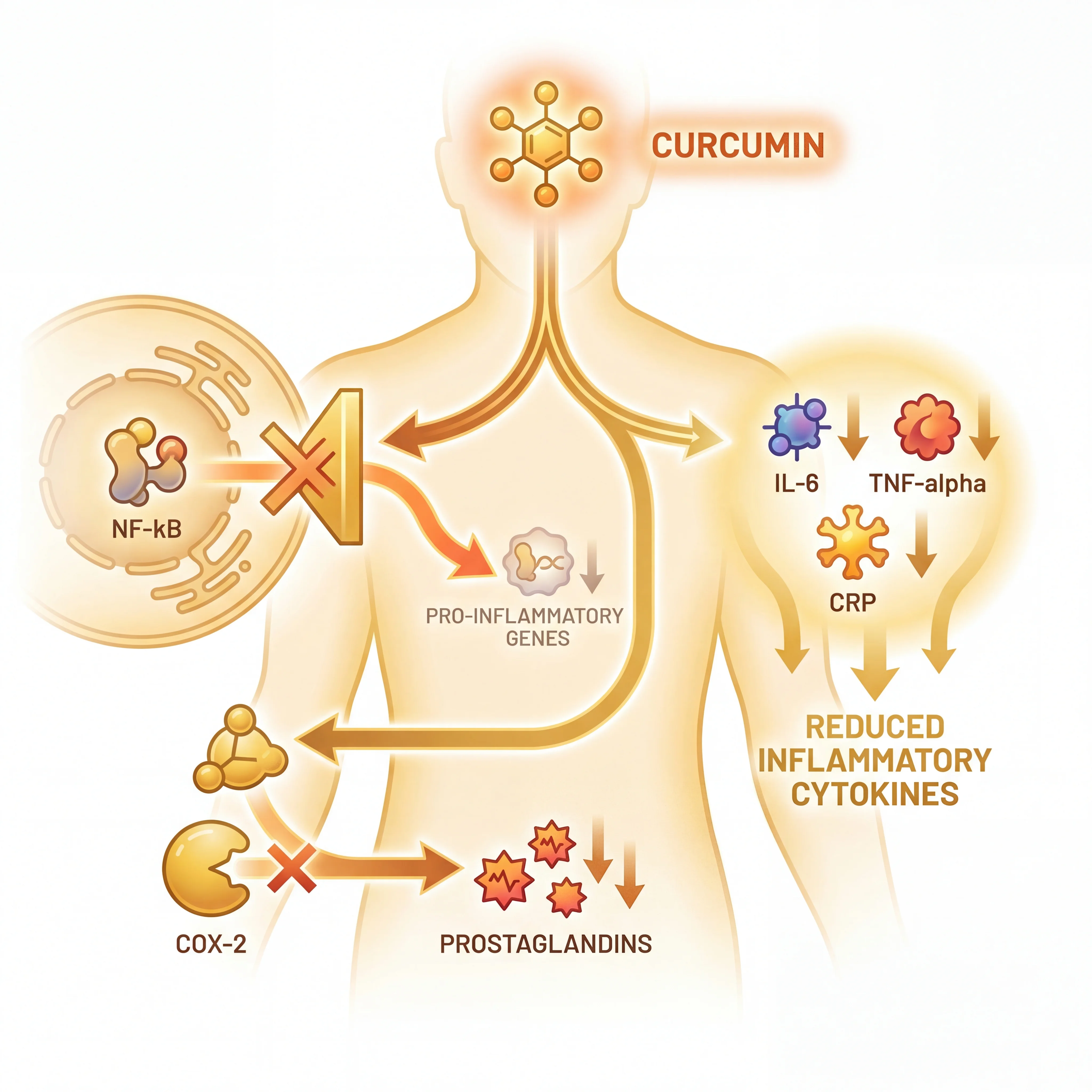Infographic showing curcumin blocking NF-kB and COX-2 inflammatory pathways in the body