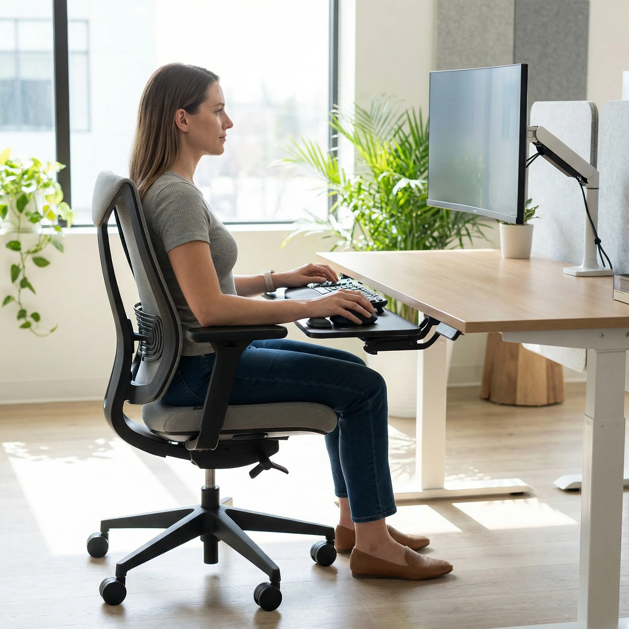 Properly configured ergonomic desk workstation showing correct monitor height and chair position
