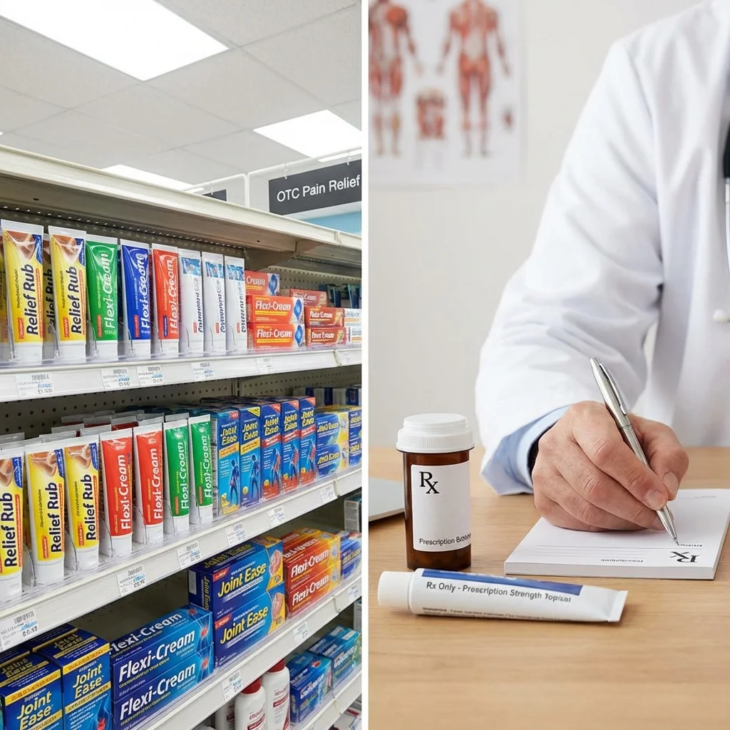 Side-by-side comparison of over-the-counter and prescription topical pain relief products with labeled strengths