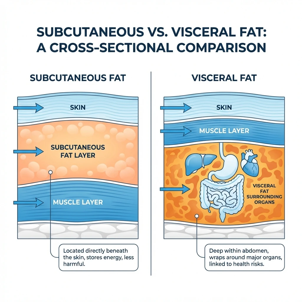 Medical infographic showing cross-section anatomy comparing subcutaneous fat under the skin versus visceral fat surrounding internal organs