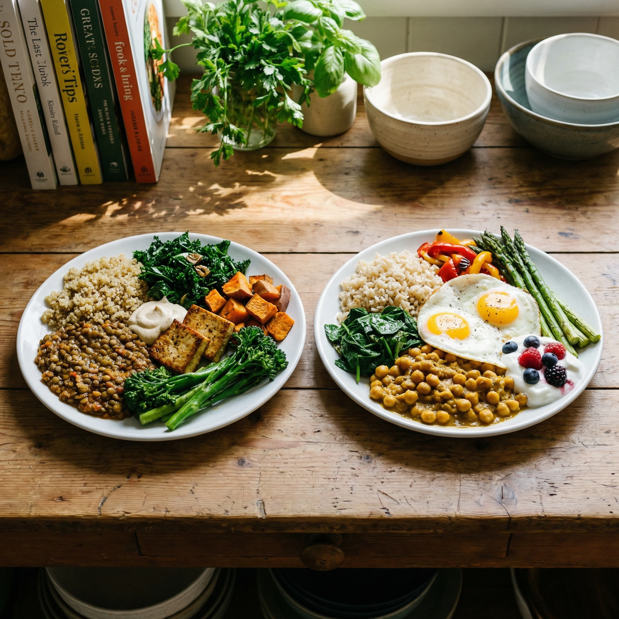 Two balanced plant-forward meal plates with legumes, tofu, greens, grains, yogurt, and eggs showing vegan and vegetarian options
