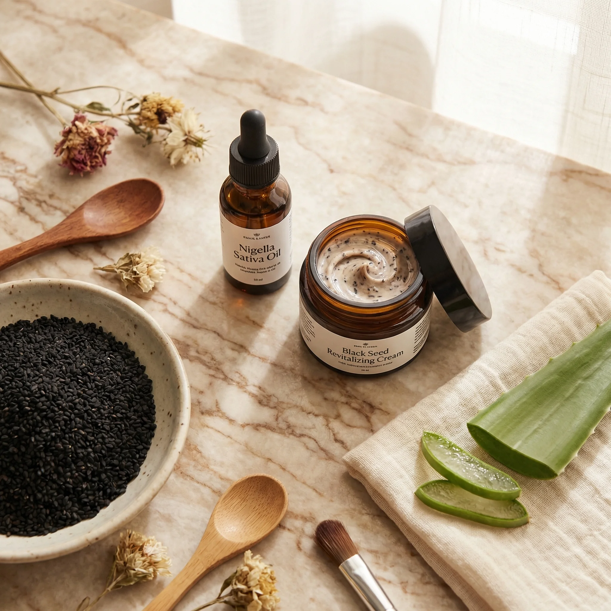 Various black seed oil skincare preparations including oil dropper bottles and cream containers on a natural background