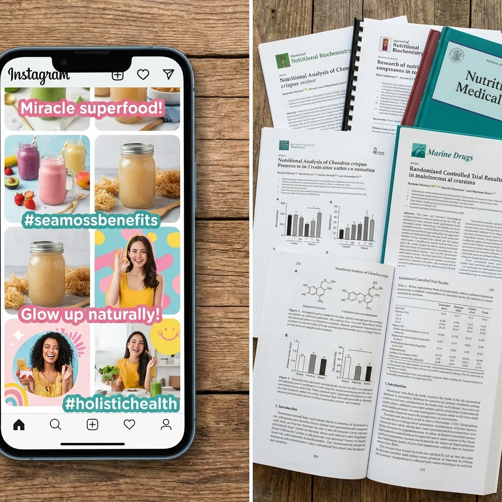 Split comparison showing social media sea moss claims on one side and scientific research papers on the other