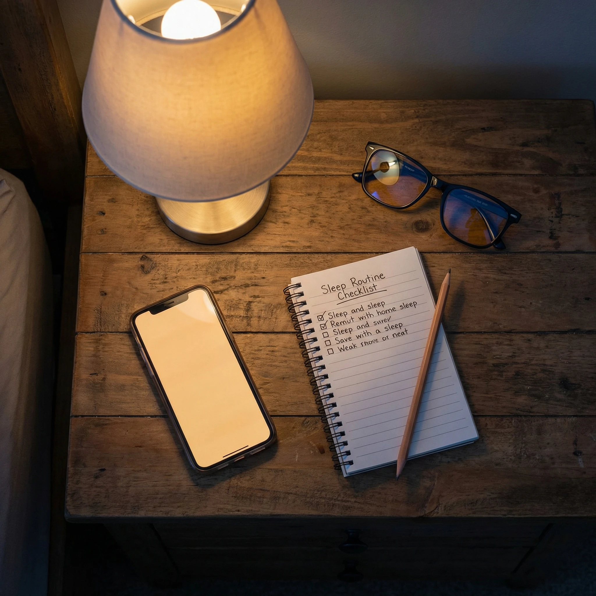 Bedtime setup with a phone in low blue-light mode, warm bedside lamp, and sleep routine checklist