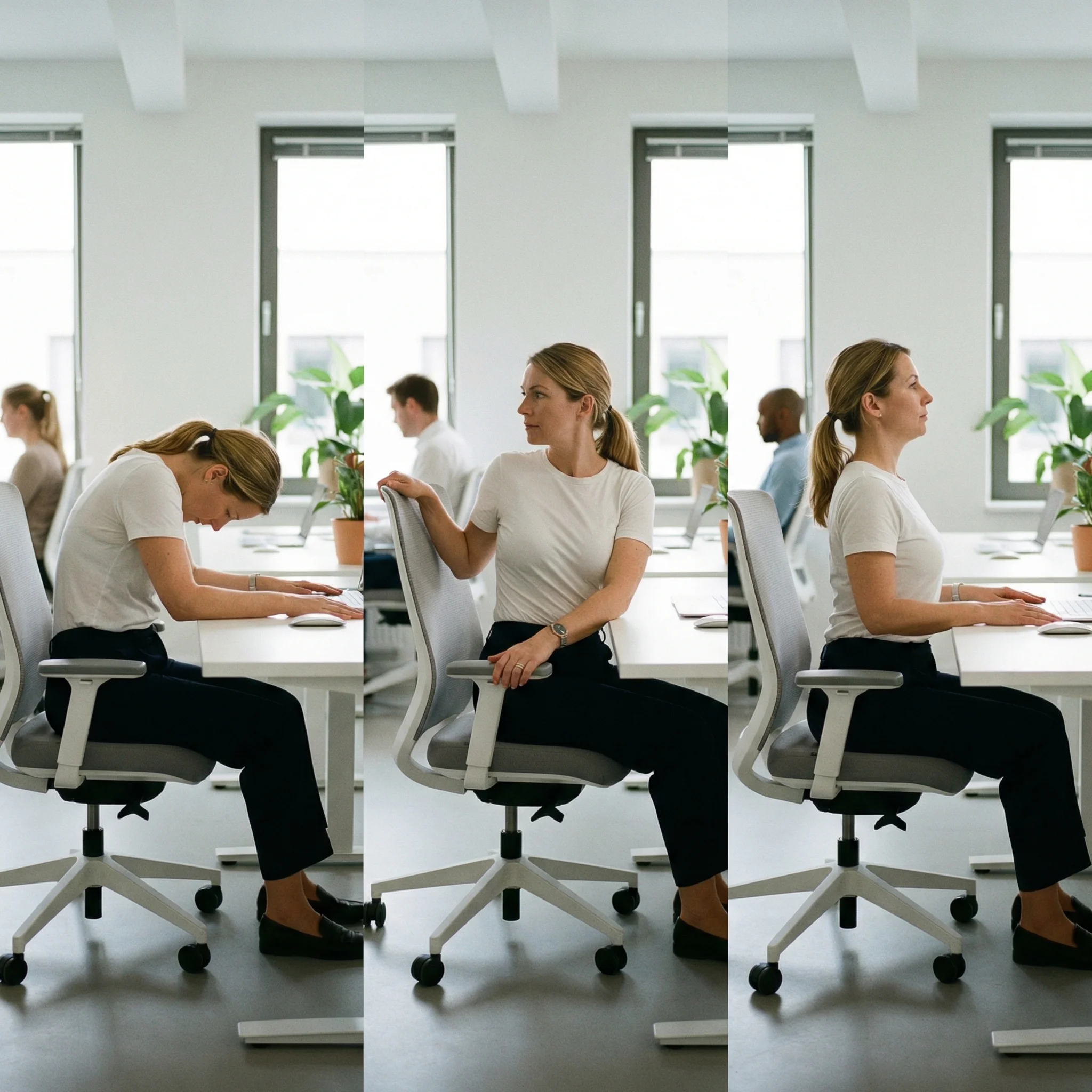 Three seated stretching positions demonstrated at an office desk