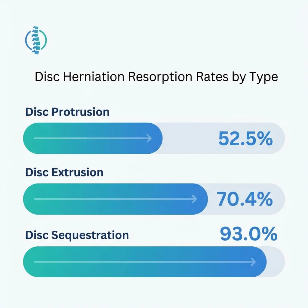 Infographic comparing spontaneous disc herniation resorption rates across protrusion, extrusion, and sequestration types
