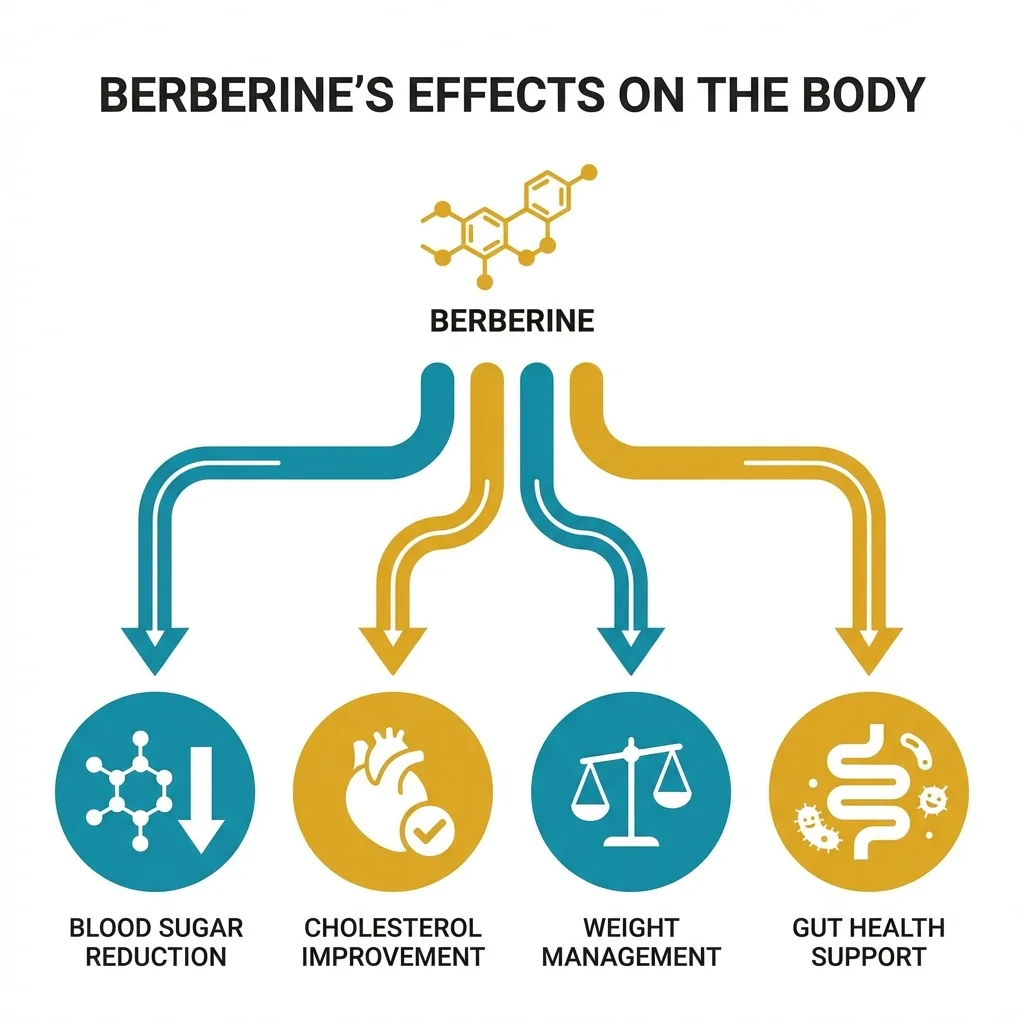 Infographic showing berberine's effects on blood sugar markers with percentage improvements in HbA1c, fasting glucose, and triglycerides