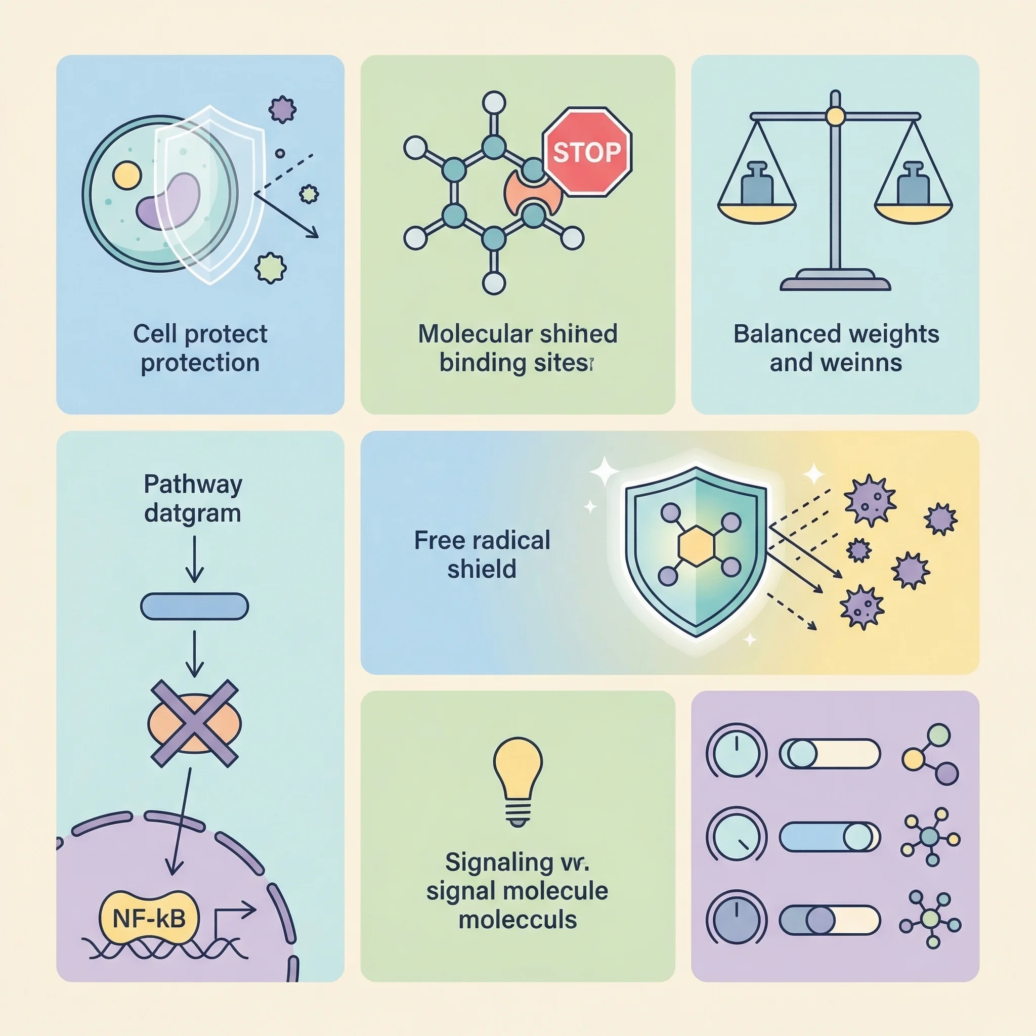 Infographic summarizing quercetin's six main biological mechanisms including mast cell stabilization and NF-kB inhibition