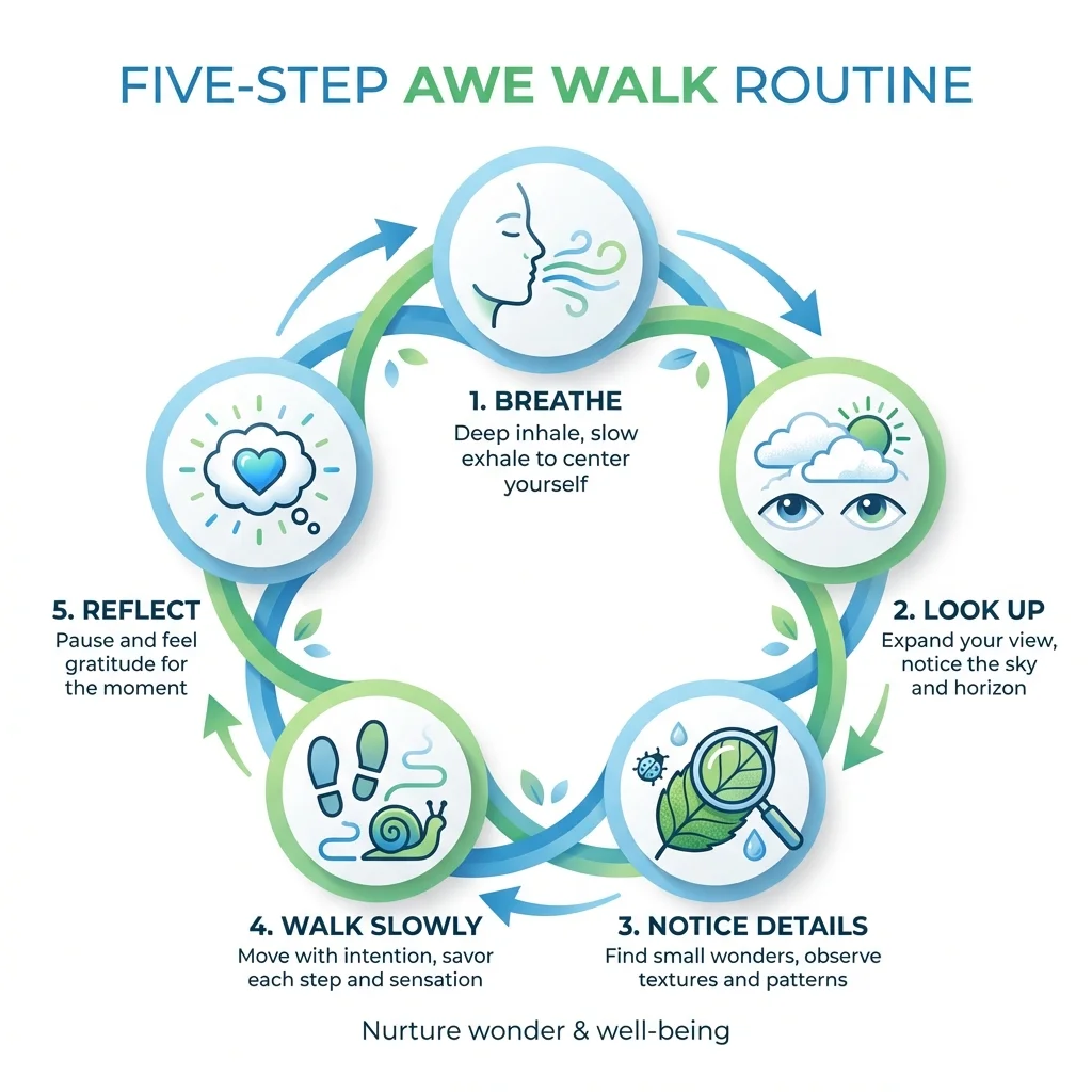 Infographic showing five simple steps of a daily awe walk routine with icons and concise labels.
