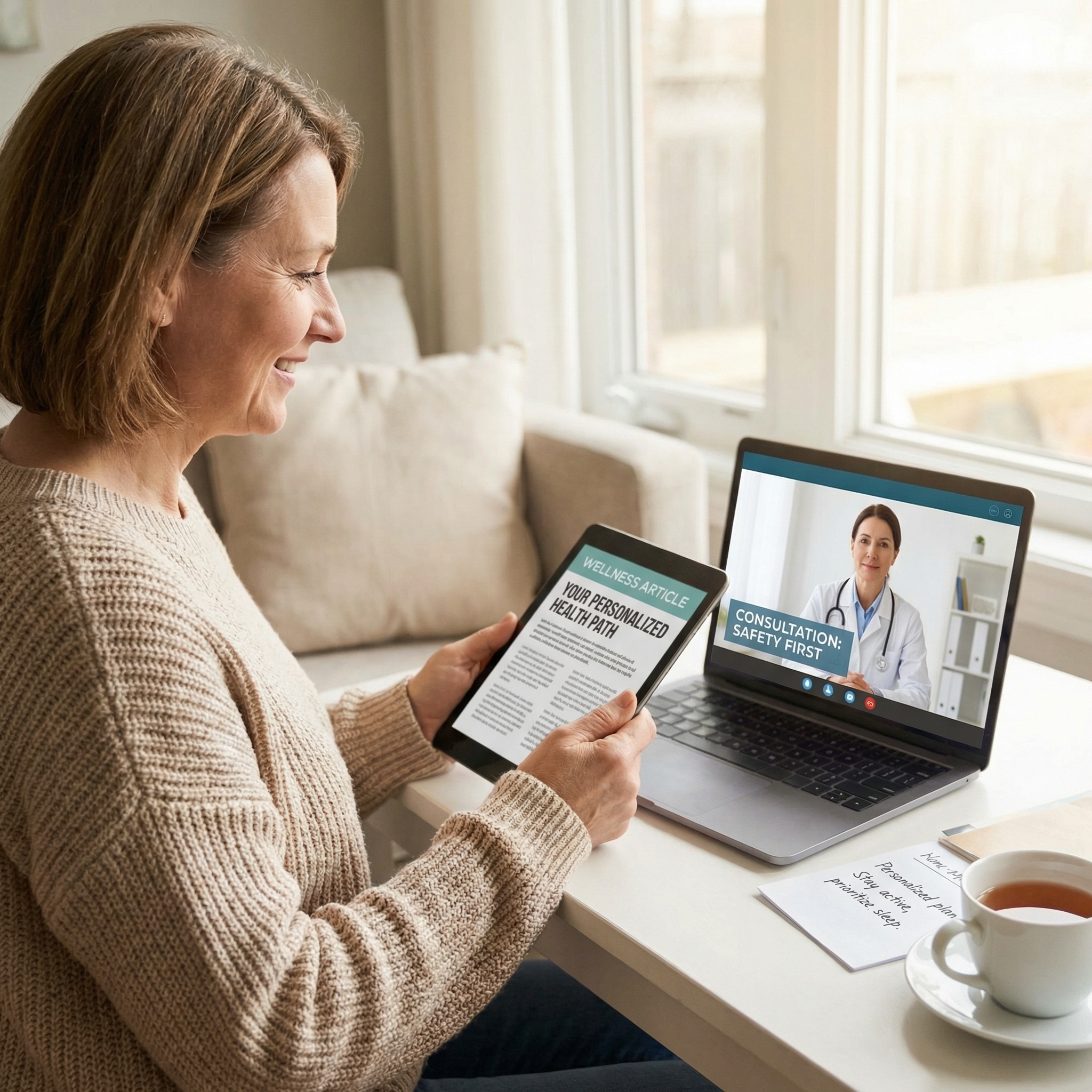 Patient in a telehealth consultation discussing personal medical questions while viewing a wellness article on a tablet.