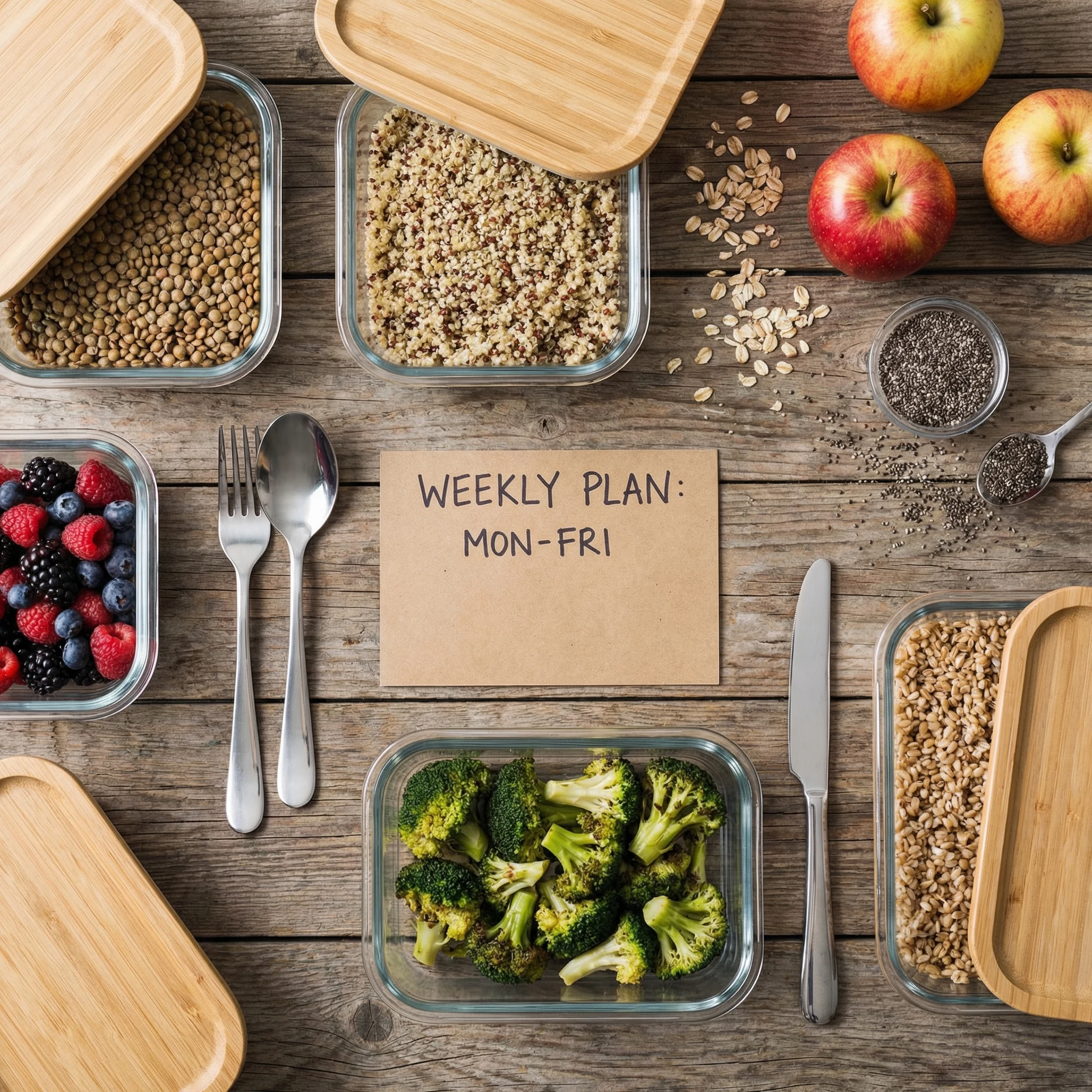 Top-down meal prep with glass containers and whole-food ingredients to reduce repeated contact with heated plastics.