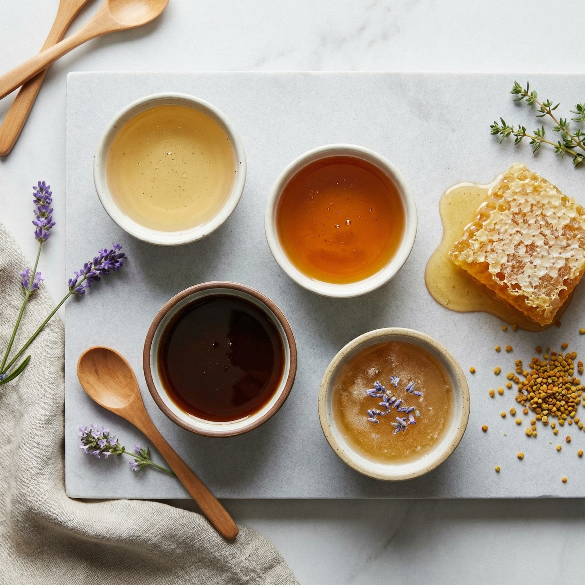 Top-down view of several honey varieties in small bowls beside fresh honeycomb and bee pollen granules.