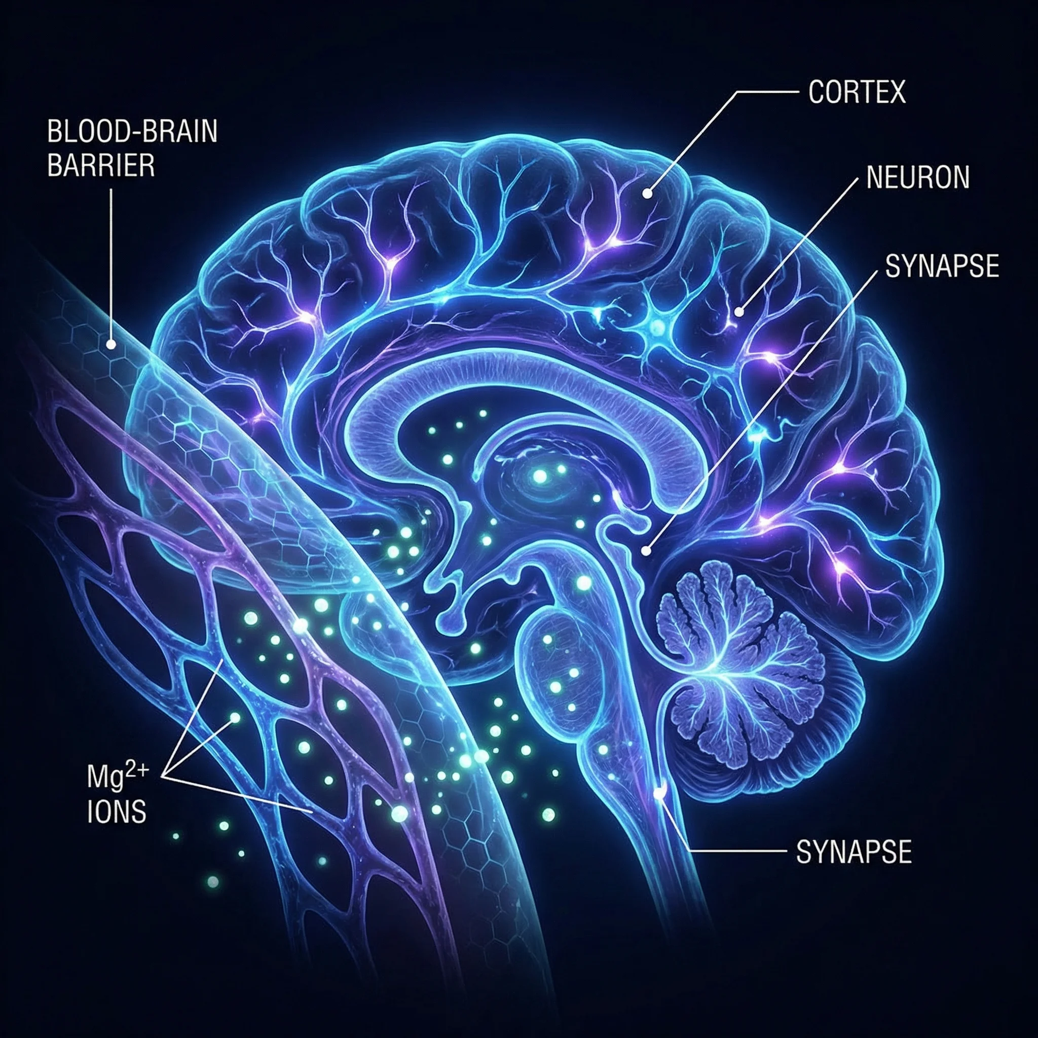 Illustration of a brain with highlighted neural pathways showing magnesium molecule transport