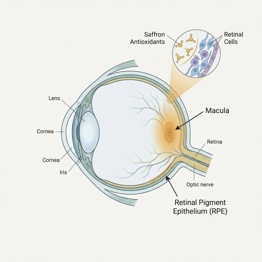 Illustration of the retina showing where macular degeneration affects the central vision area