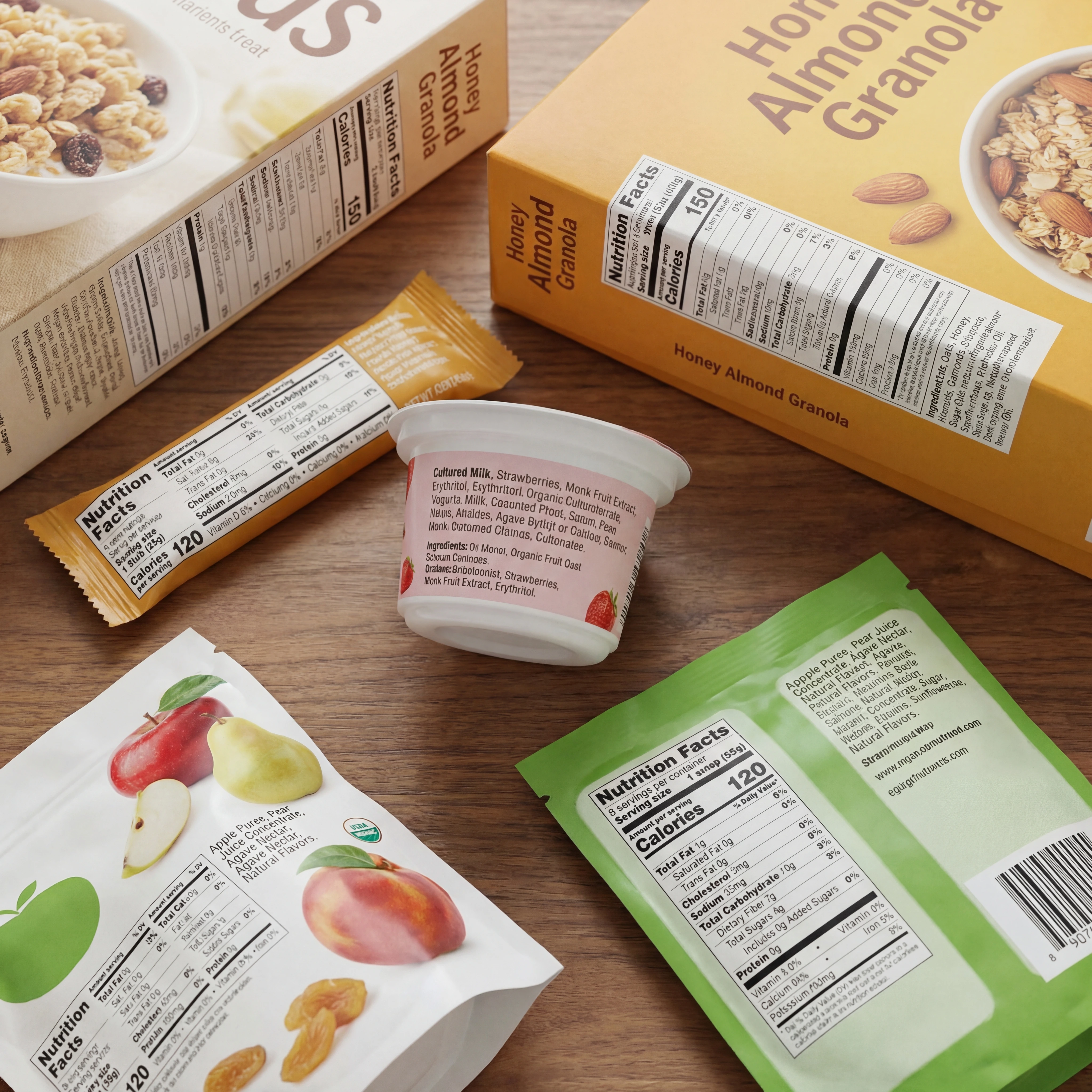 Shopper comparing ingredient labels on low-sugar foods to identify sweetener blends and added sugars.