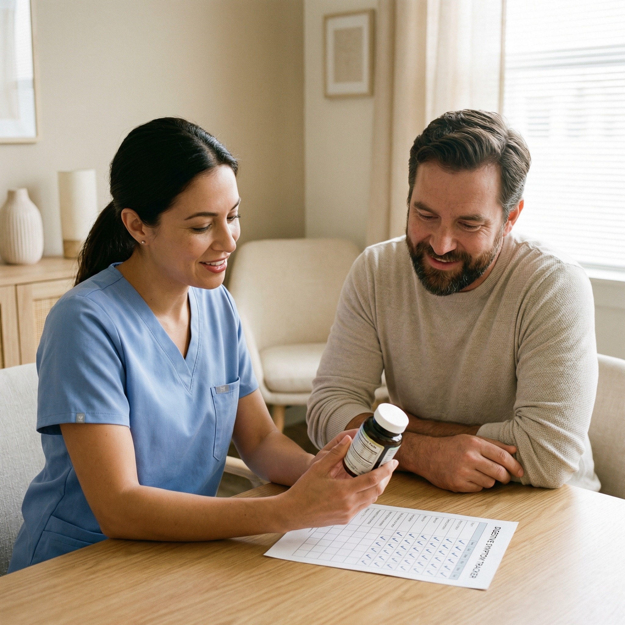 Clinician and adult patient reviewing a probiotic supplement label and digestive symptom tracker during a gut-health consultation.