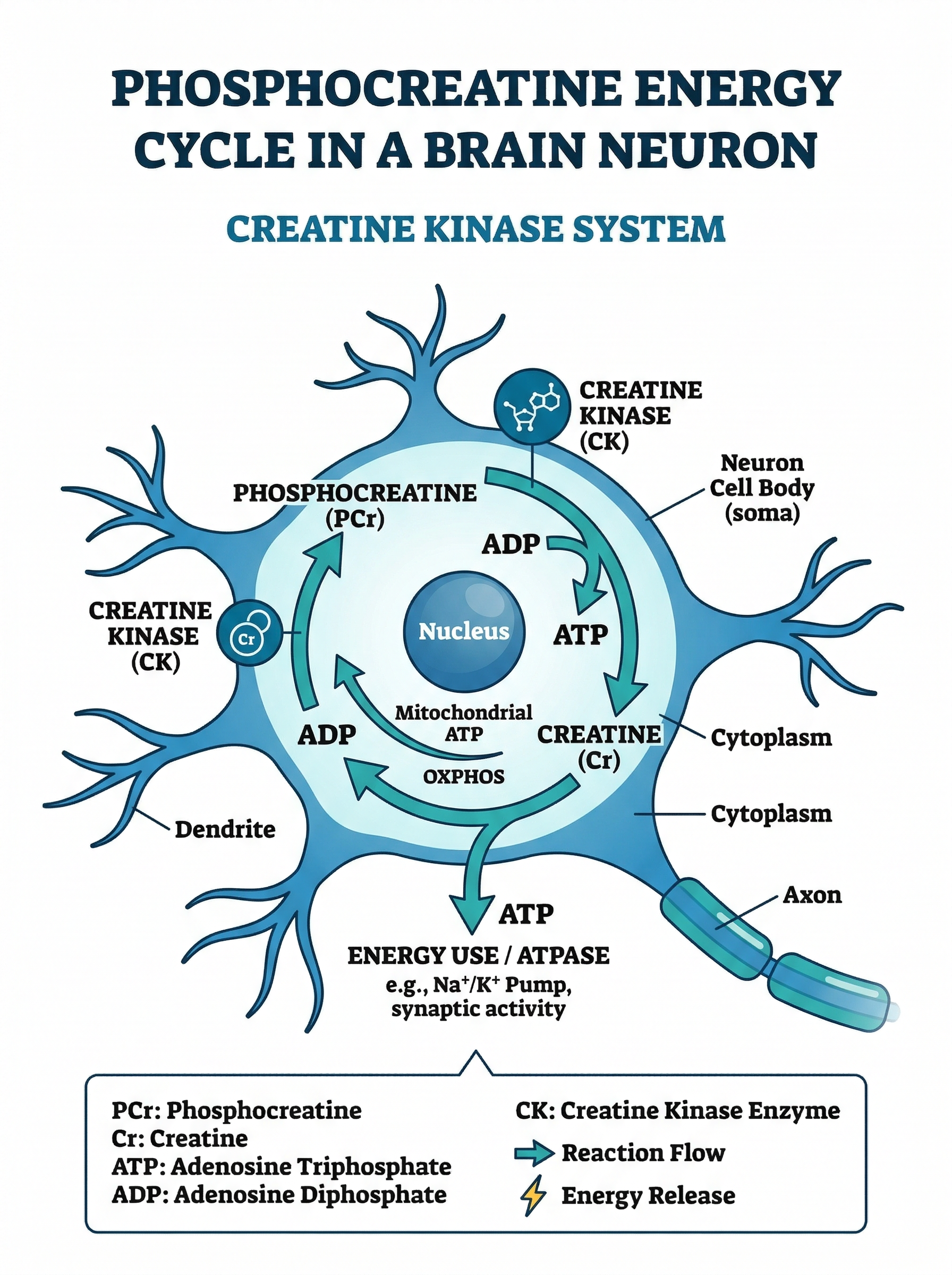 Infographic showing phosphocreatine cycling in brain neurons with ATP regeneration pathway