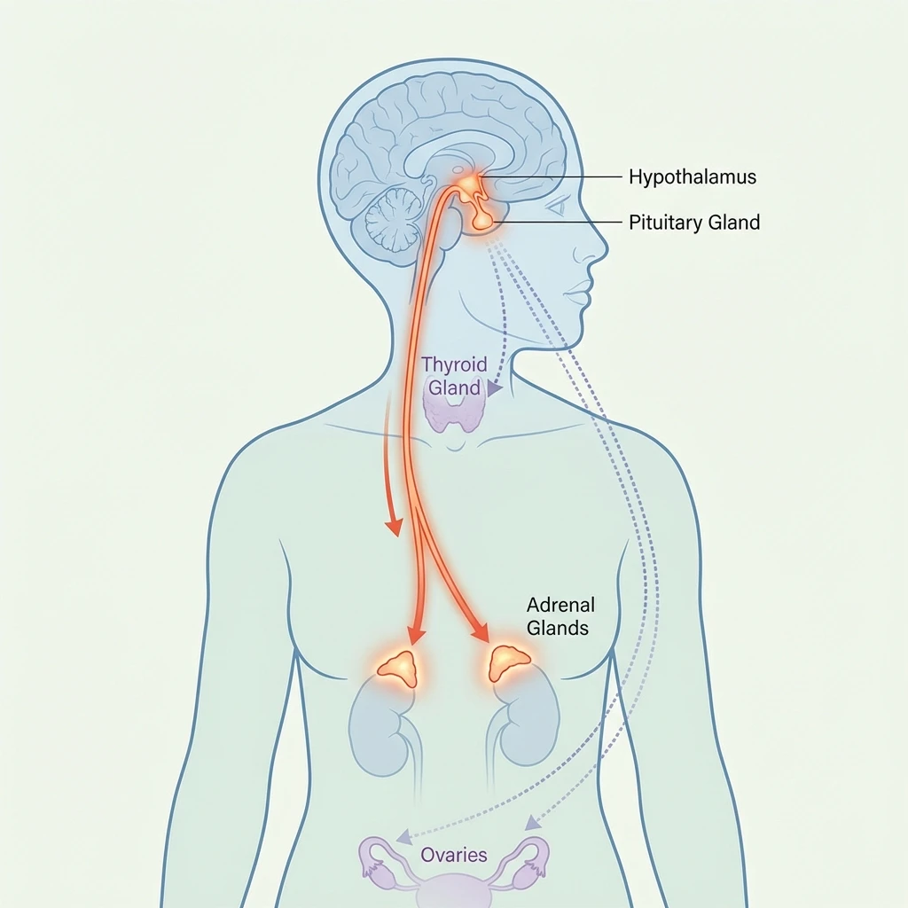 Anatomical diagram showing the HPA axis stress cascade from hypothalamus through pituitary to adrenal glands with hormone pathways labeled