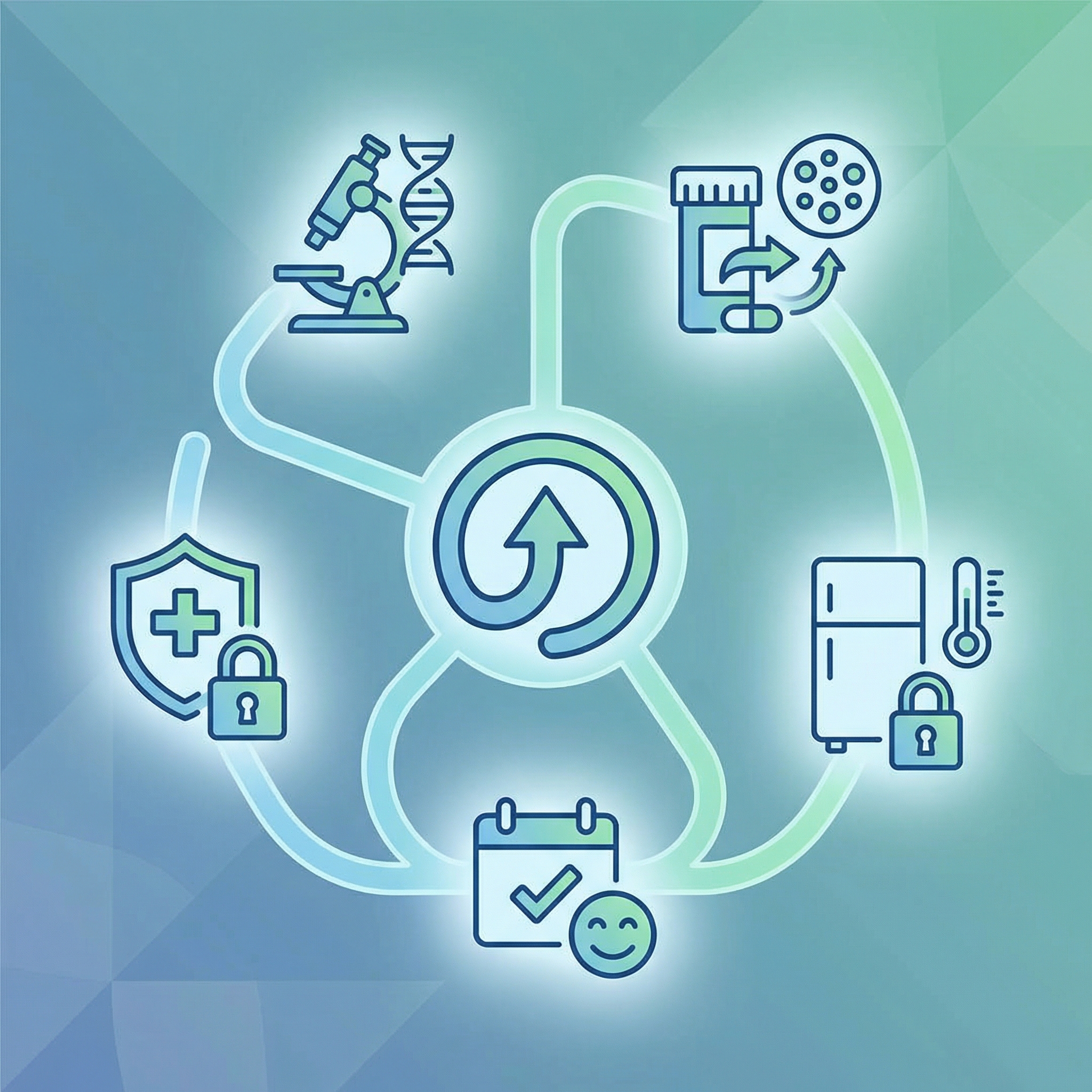 Infographic illustrating probiotic decision steps: strain match, dose, storage quality, tracking, and safety checks.