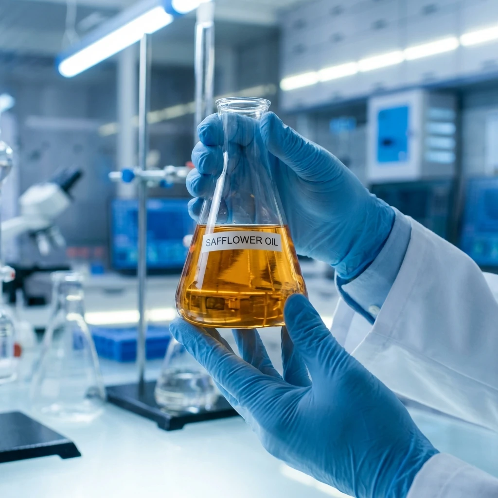 Researcher holding a laboratory flask containing golden safflower oil in a scientific lab setting