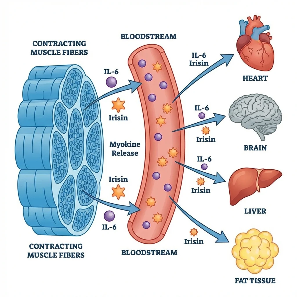 Diagram illustrating how contracting leg muscles release IL-6 and irisin to protect the heart, brain, and fat tissue