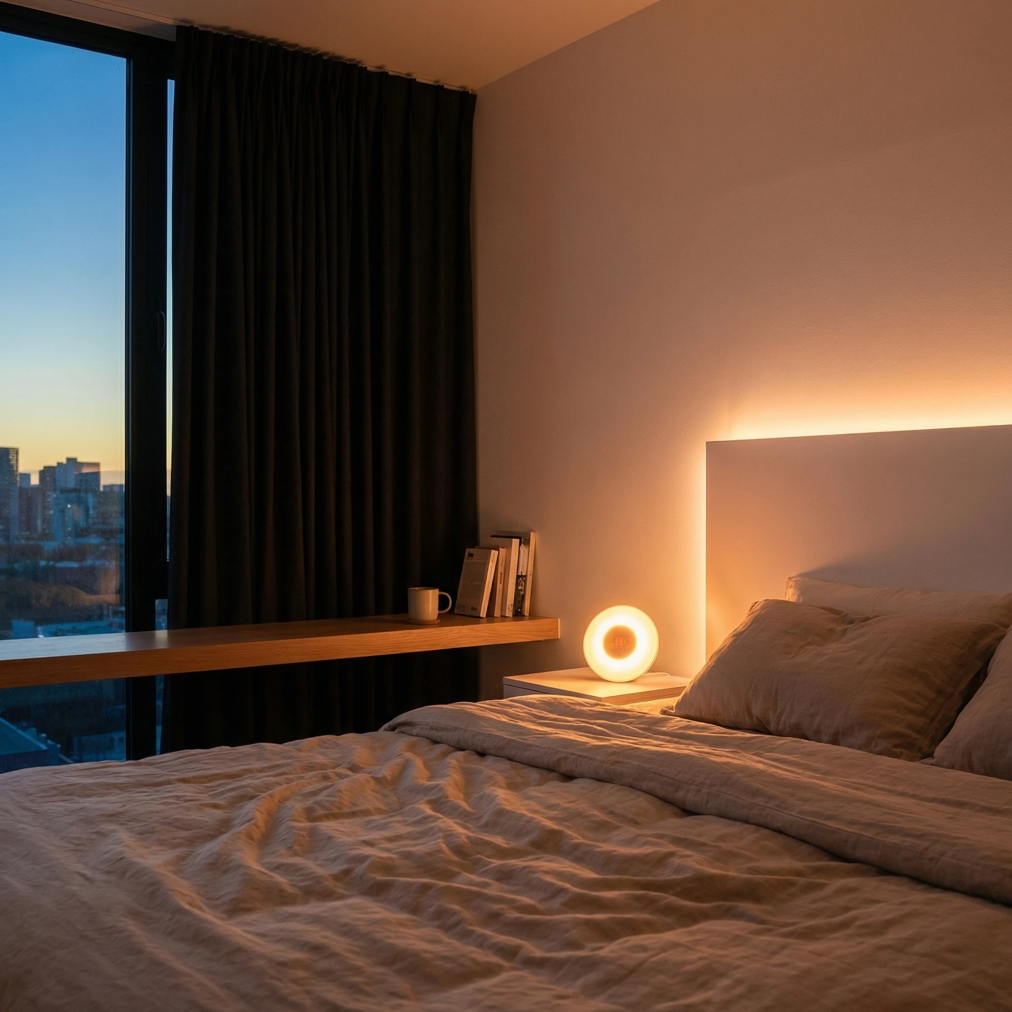 Minimal bedroom at dawn with sunrise alarm glow and circadian smart lighting transition