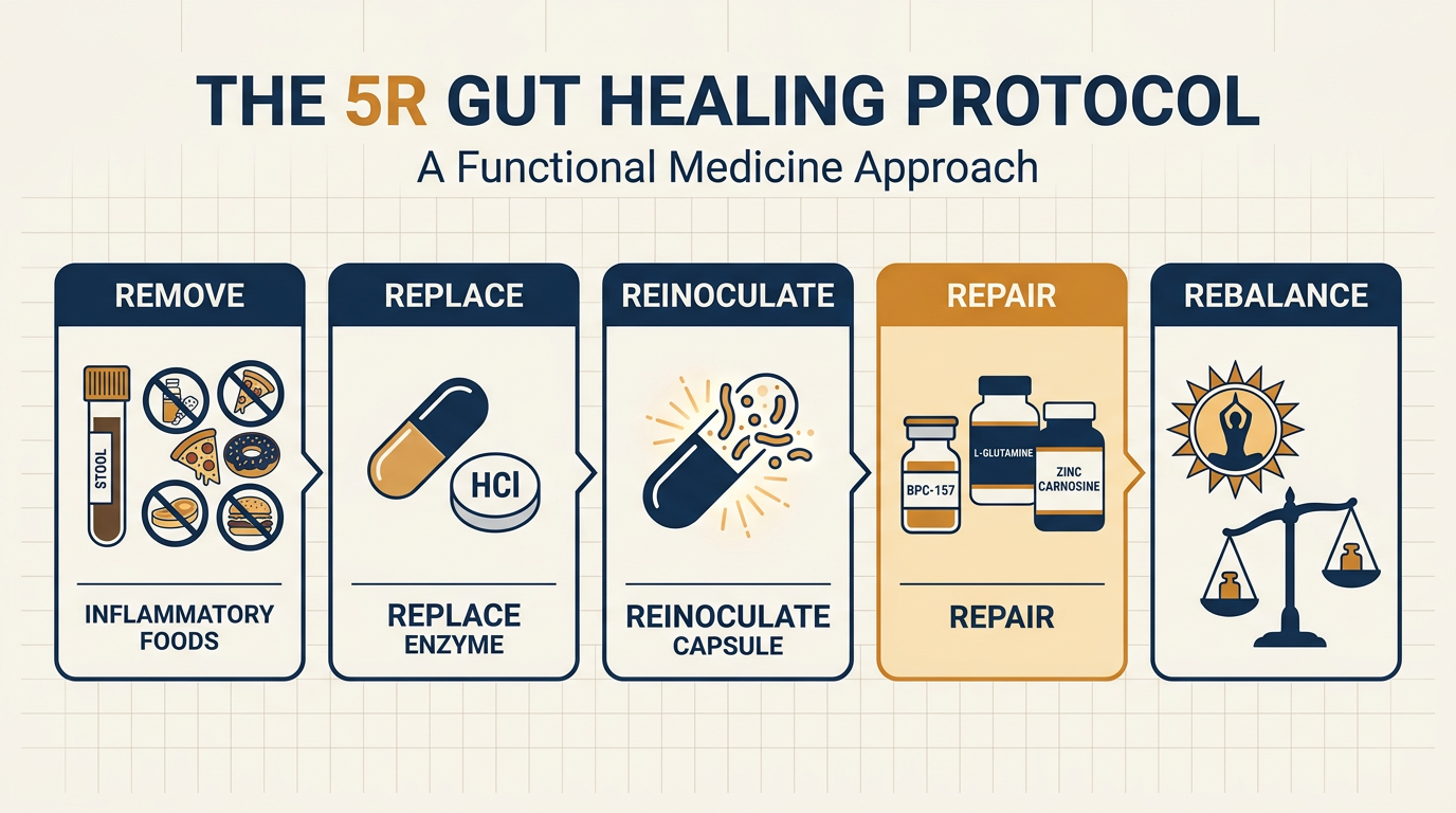 Infographic of the functional medicine 5R gut healing protocol with BPC-157 placed in the Repair phase