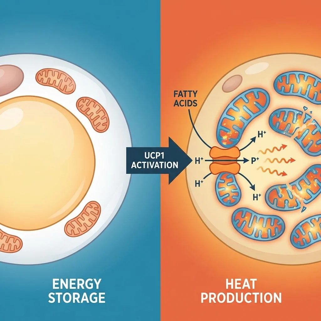 Diagram showing white fat cells transforming into calorie-burning beige fat cells through UCP1 protein activation