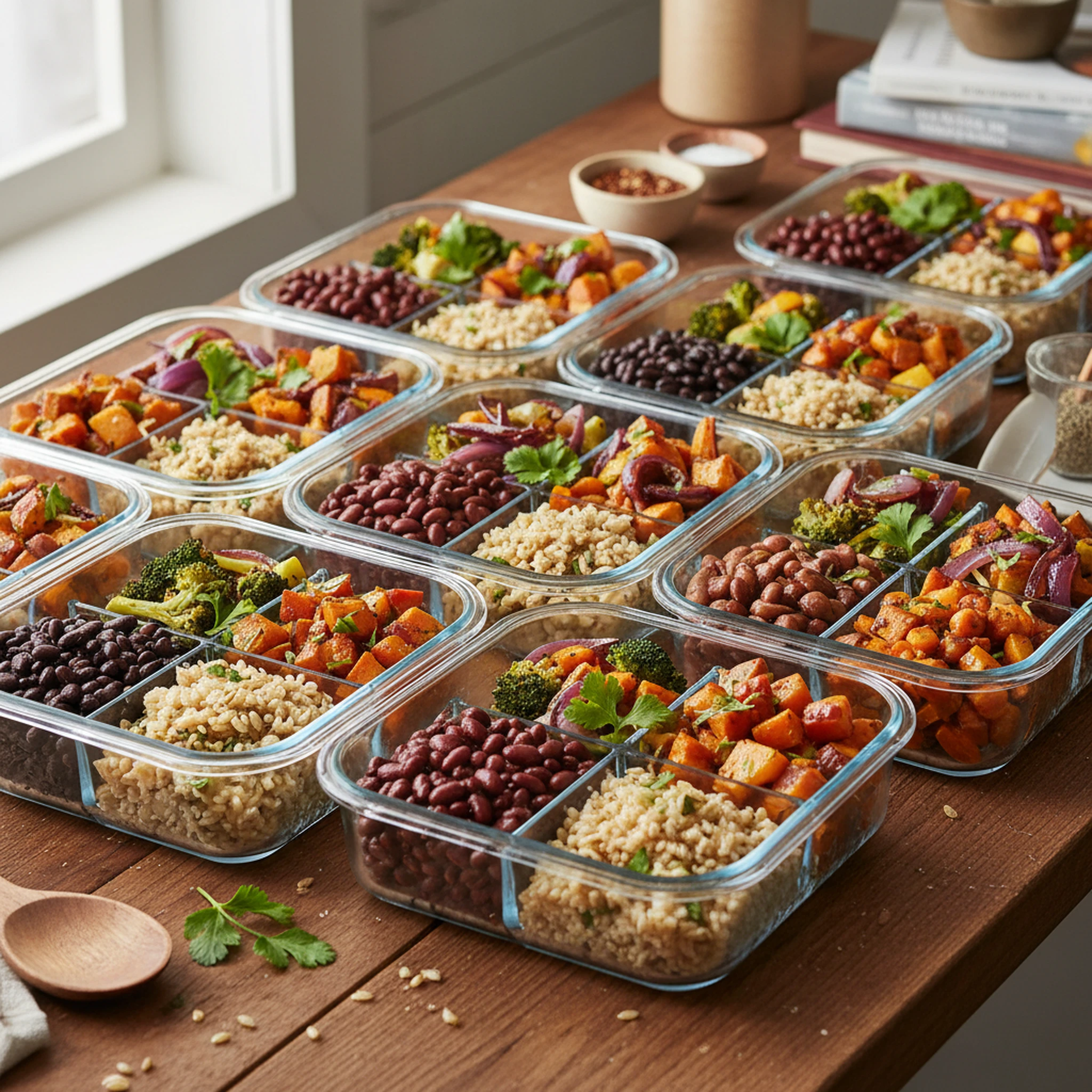 Weekly meal-prep containers with beans, grains, roasted vegetables, and onions arranged for easy weekday cooking