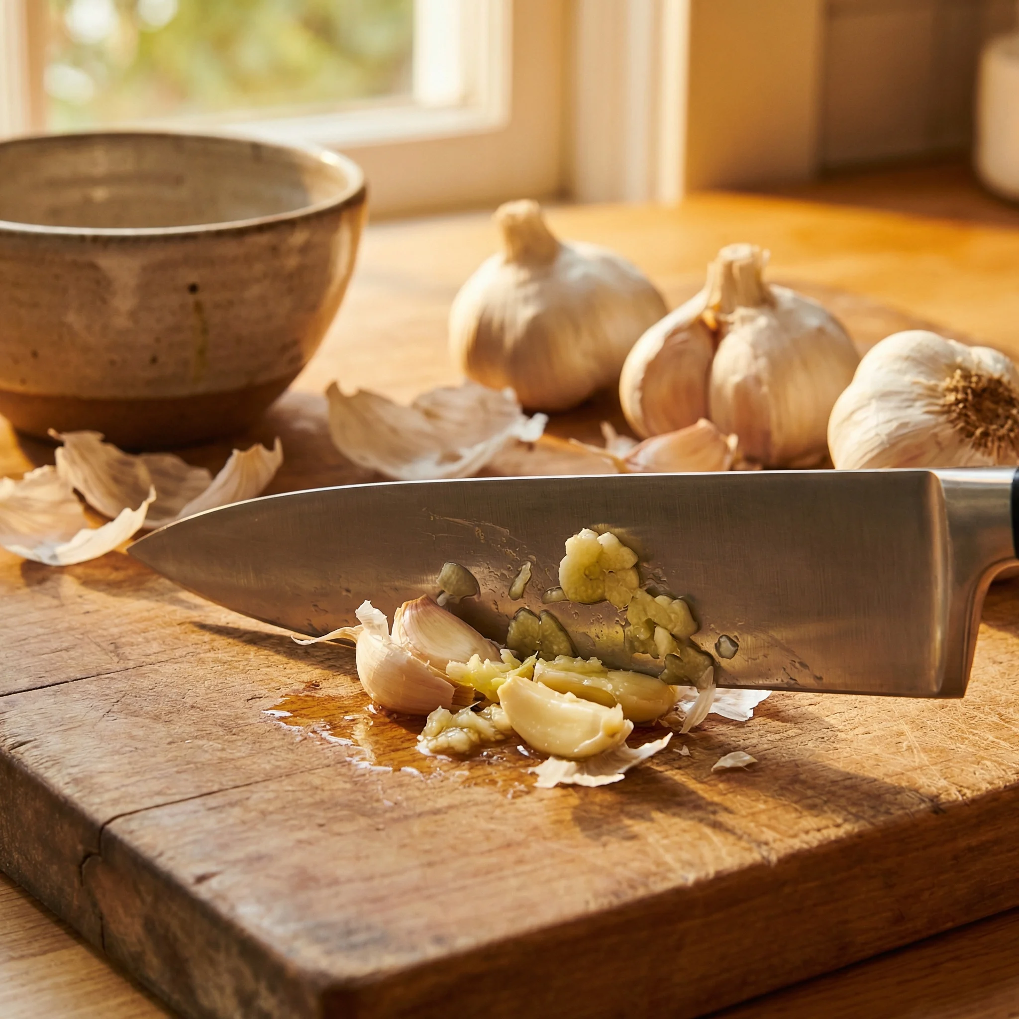 Fresh garlic cloves being crushed on a cutting board with whole bulbs nearby