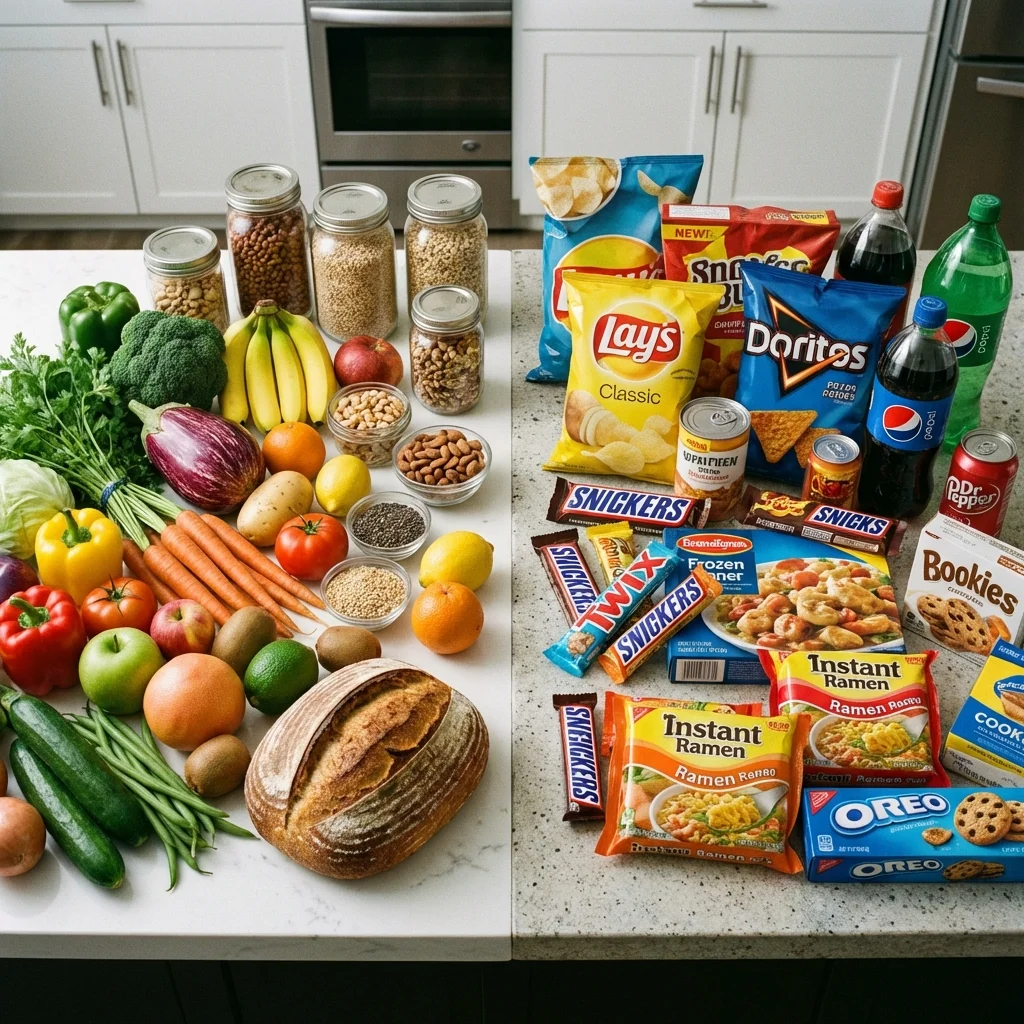 Packaged ultra-processed foods including chips, candy, and frozen meals on a plain surface