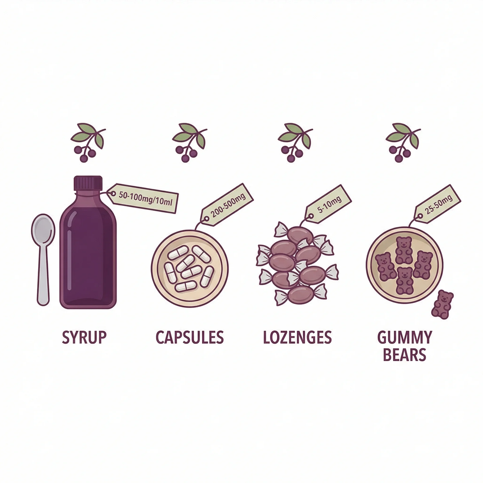 Infographic comparing elderberry supplement forms including syrup bottle, capsules, lozenges, and gummies with dosage ranges