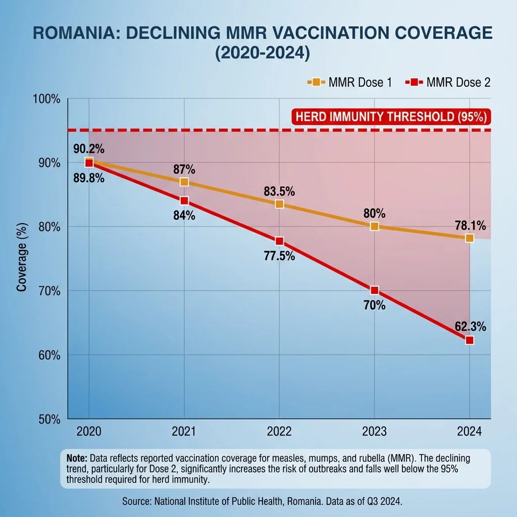 Line chart showing Romania's declining MMR vaccination coverage rates from 2020 to 2024