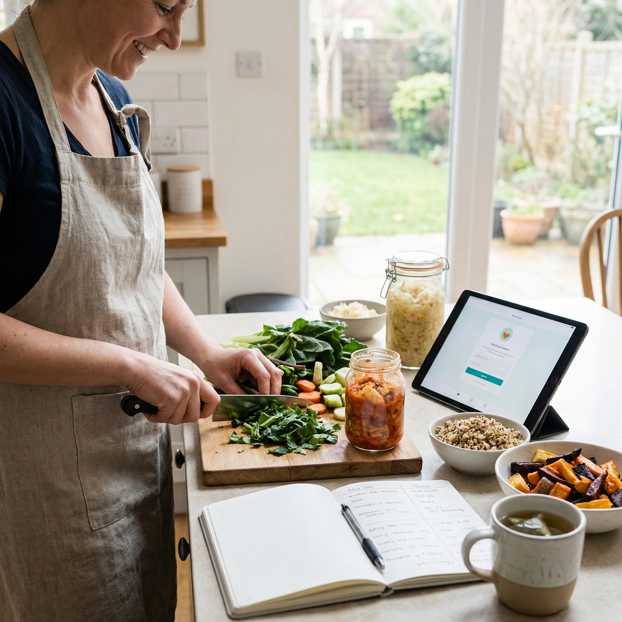 Adult planning meals with fiber-rich vegetables and fermented foods while tracking digestion and stress habits