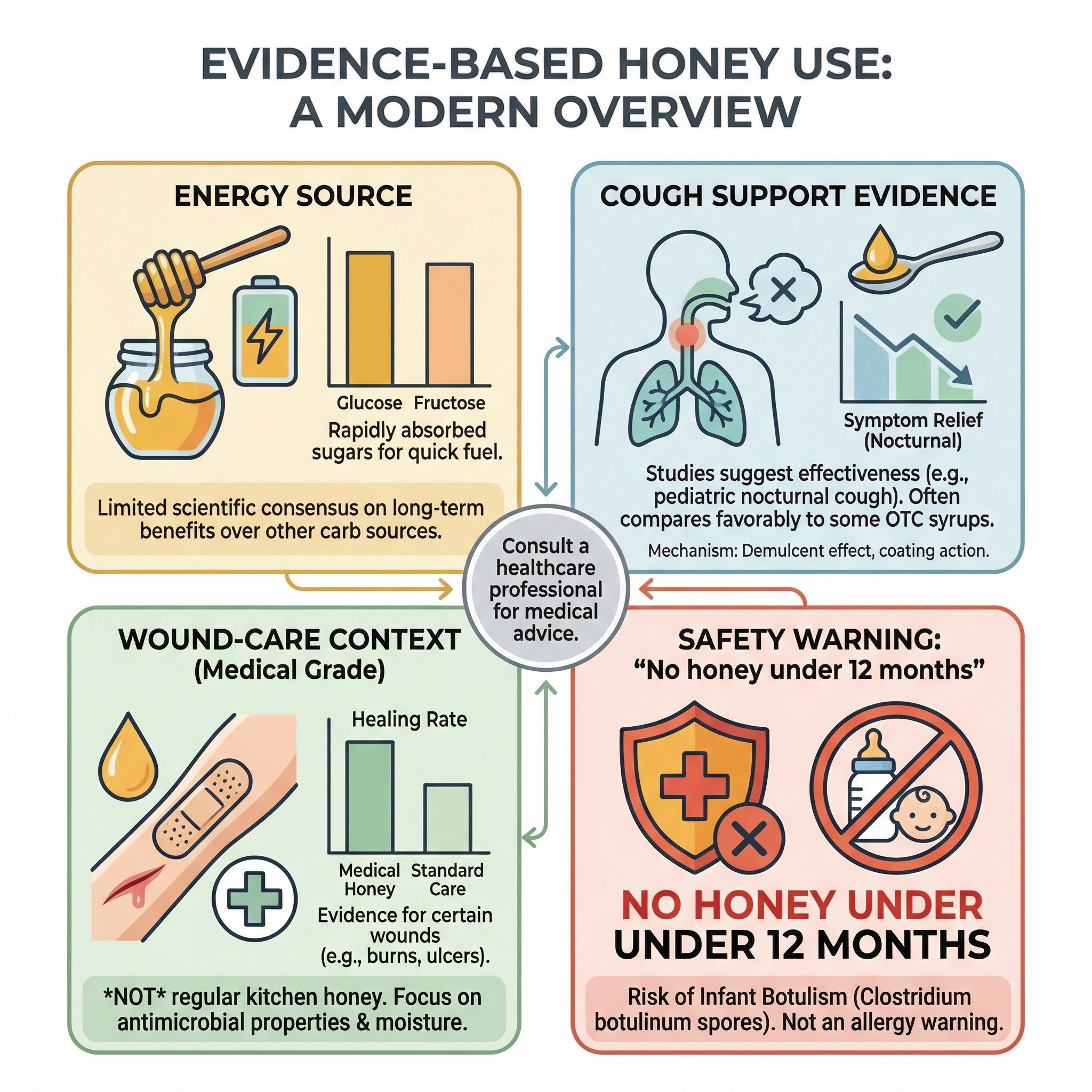 Infographic visual summarizing potential honey benefits, serving guidance, and key safety cautions including infant risk.