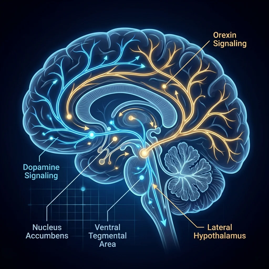 Diagram showing modafinil neurotransmitter pathways in the brain including dopamine and orexin systems