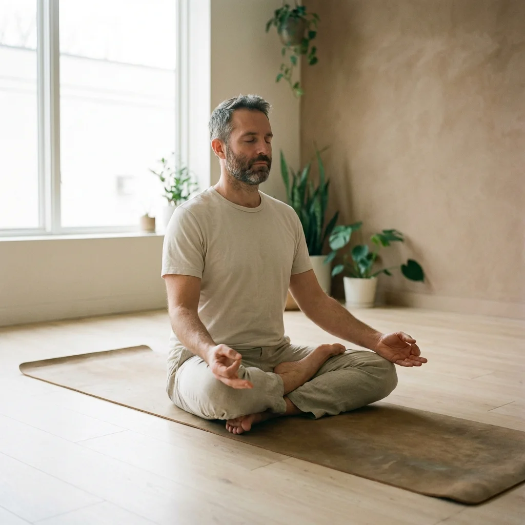 Man practicing diaphragmatic breathing in a calm studio setting for pelvic floor relaxation
