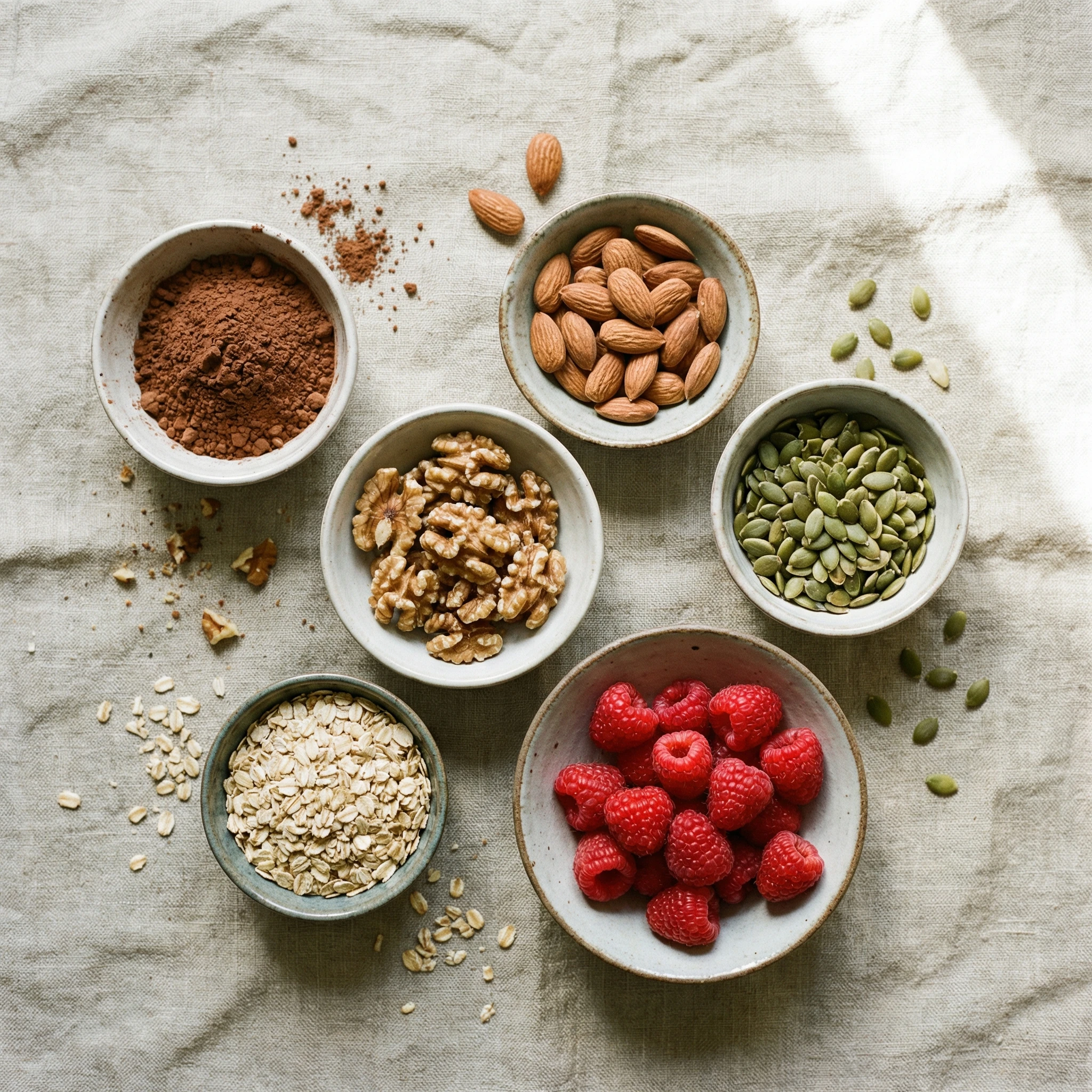 Top-down arrangement of cocoa powder, nuts, seeds, oats, and berries in small bowls on a linen table