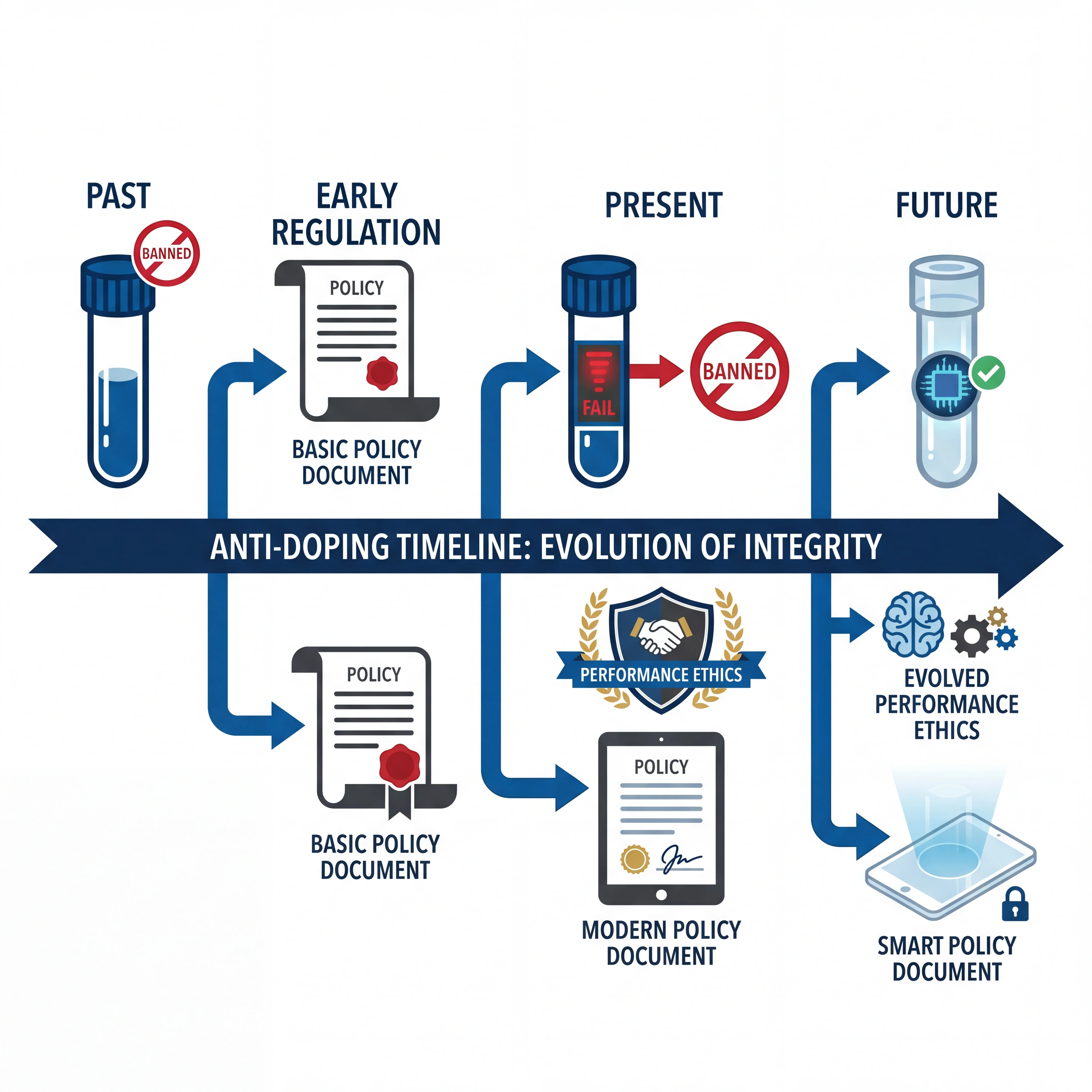 Infographic representation of anti-doping policy flow with sample testing, prohibited list status, and athlete compliance decision points.