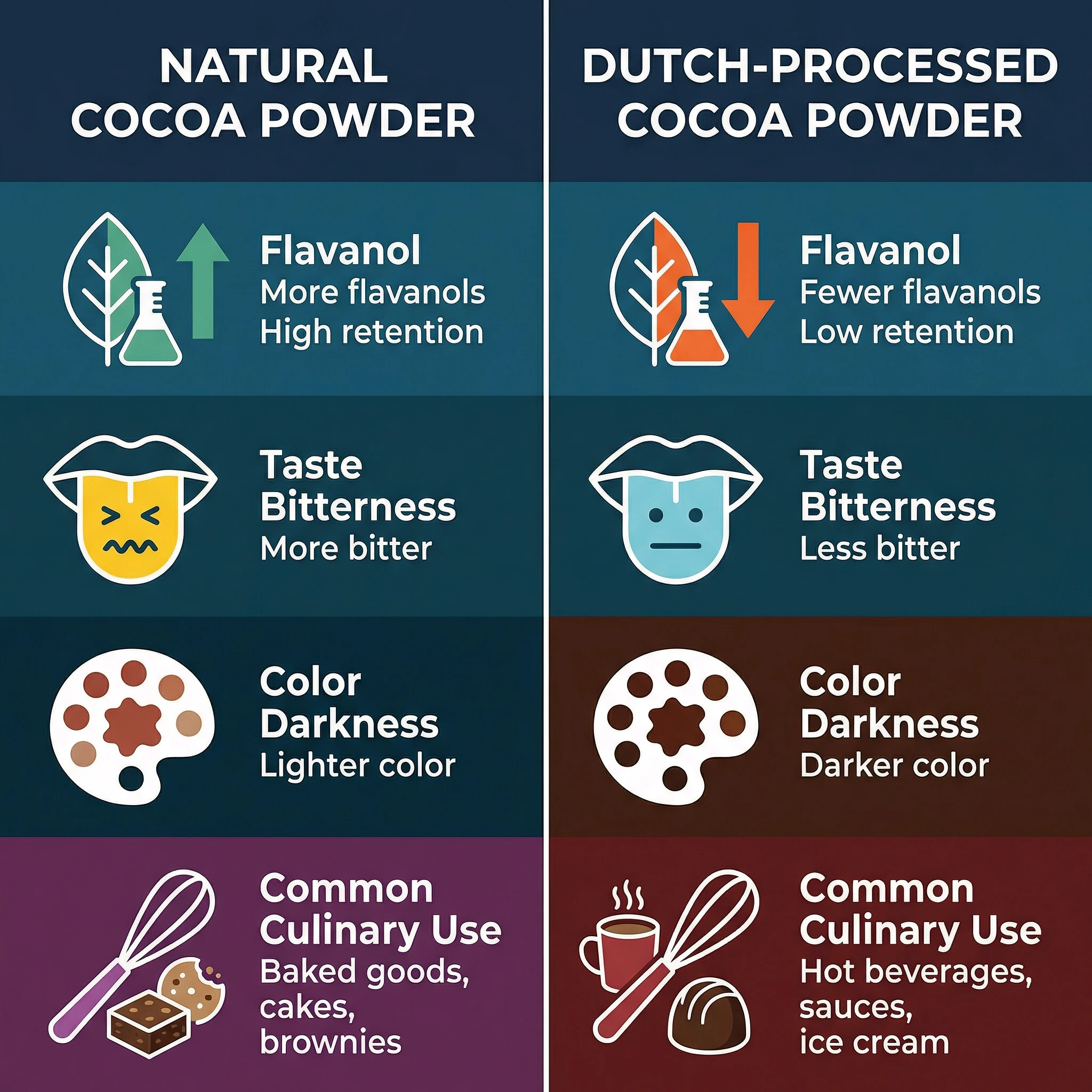 Infographic comparing natural cocoa powder and Dutch-processed cocoa for flavanol retention, taste, color, and common uses