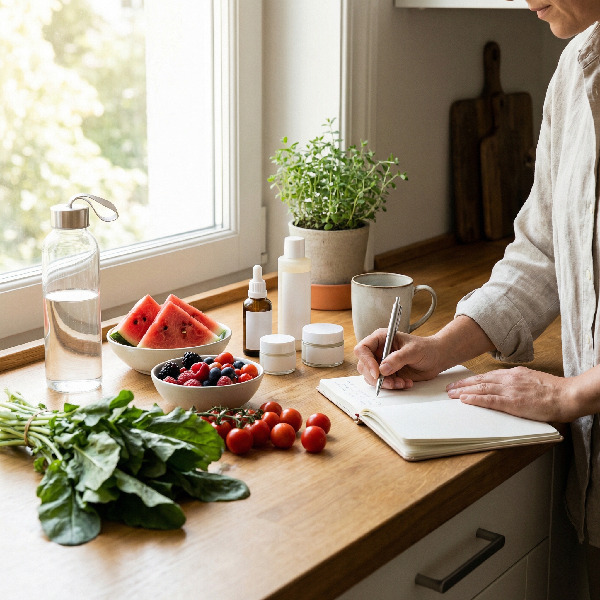 Hydration and skin-supportive foods including water, berries, tomatoes, and watermelon arranged for a summer routine.